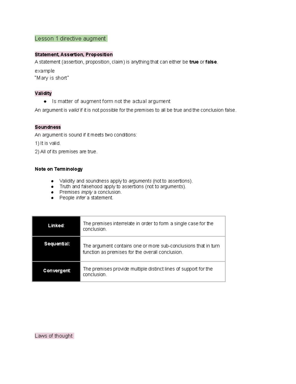 PHIL 201 - Critical Thinking - Lesson 1 directive augment Statement ...