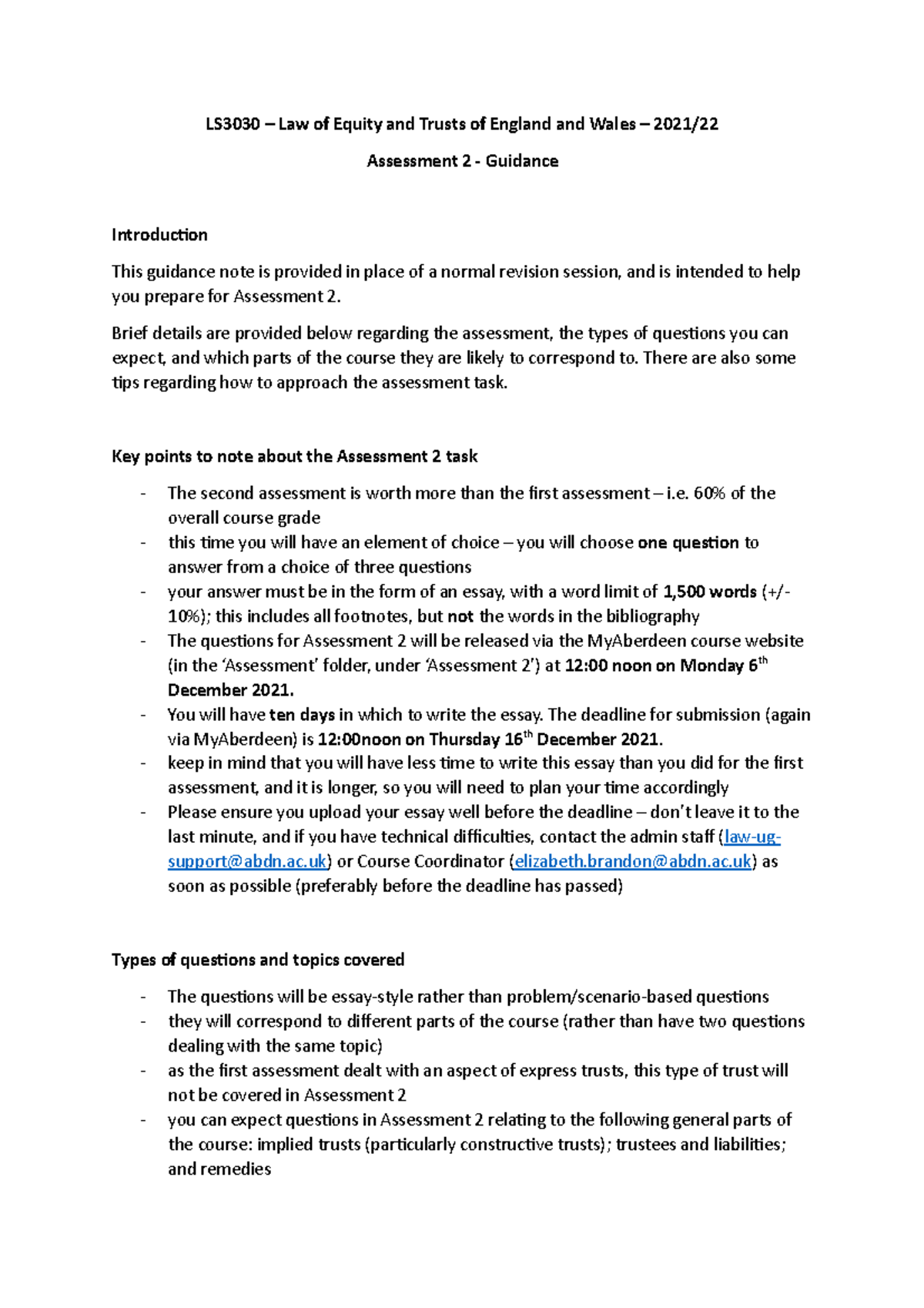 LS3030 Assessment 2 guidance - LS3030 – Law of Equity and Trusts of ...