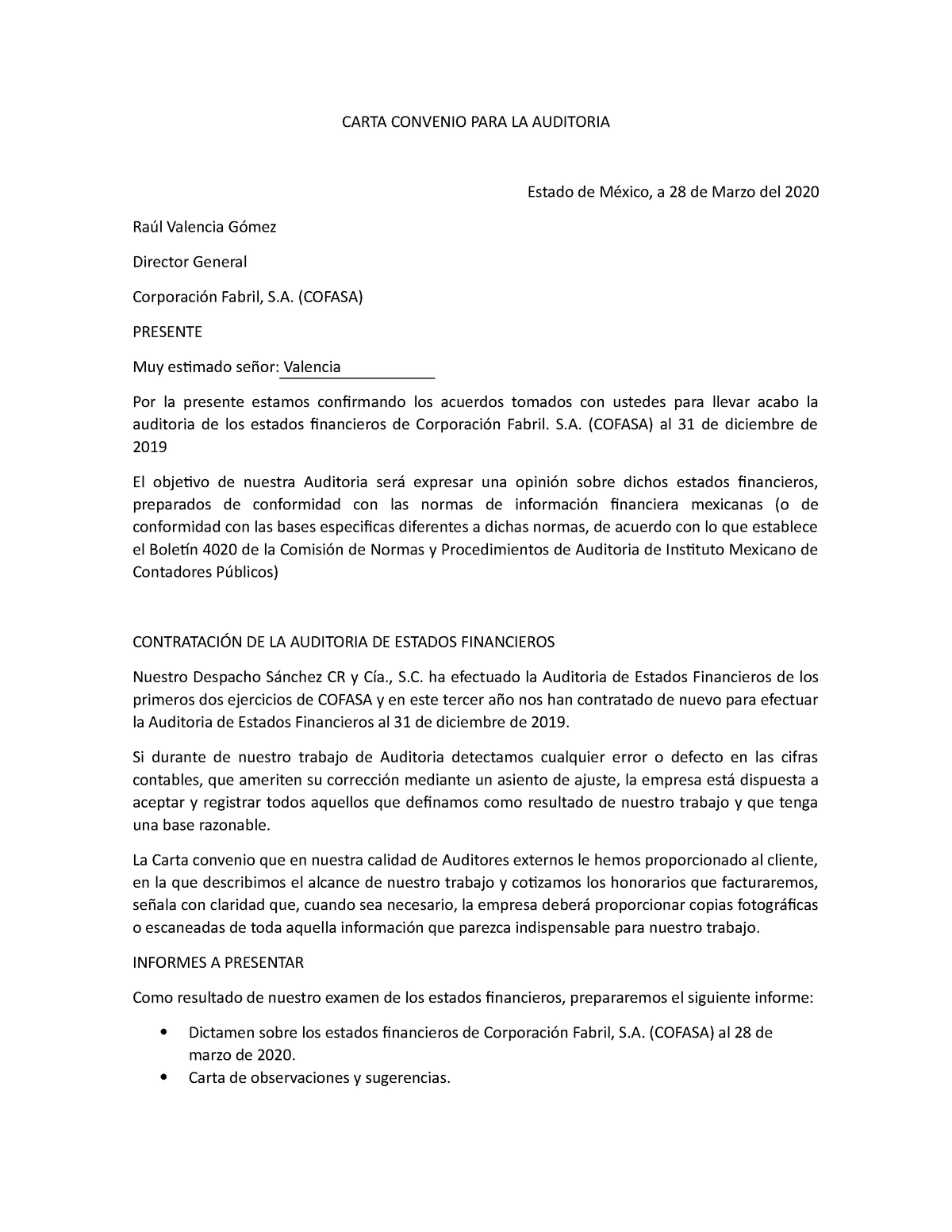 Carta Convenio De Auditoria