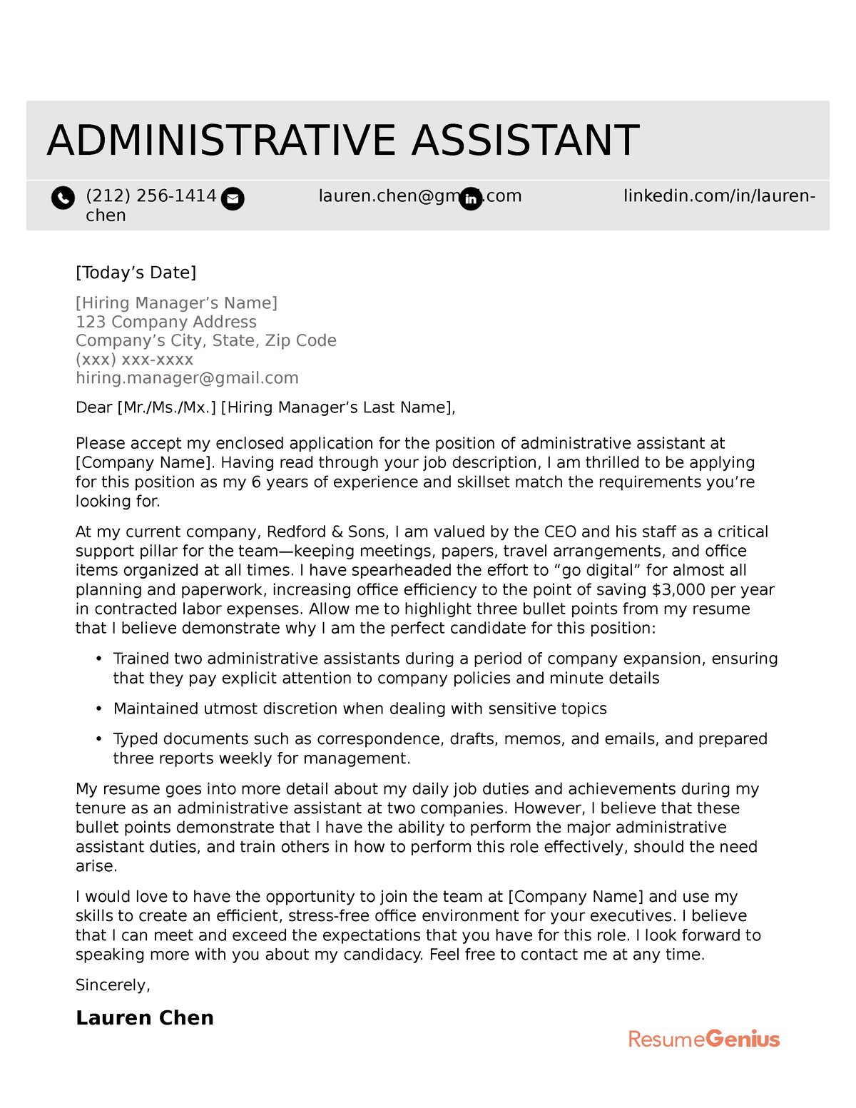 cover letter for regional administrative assistant