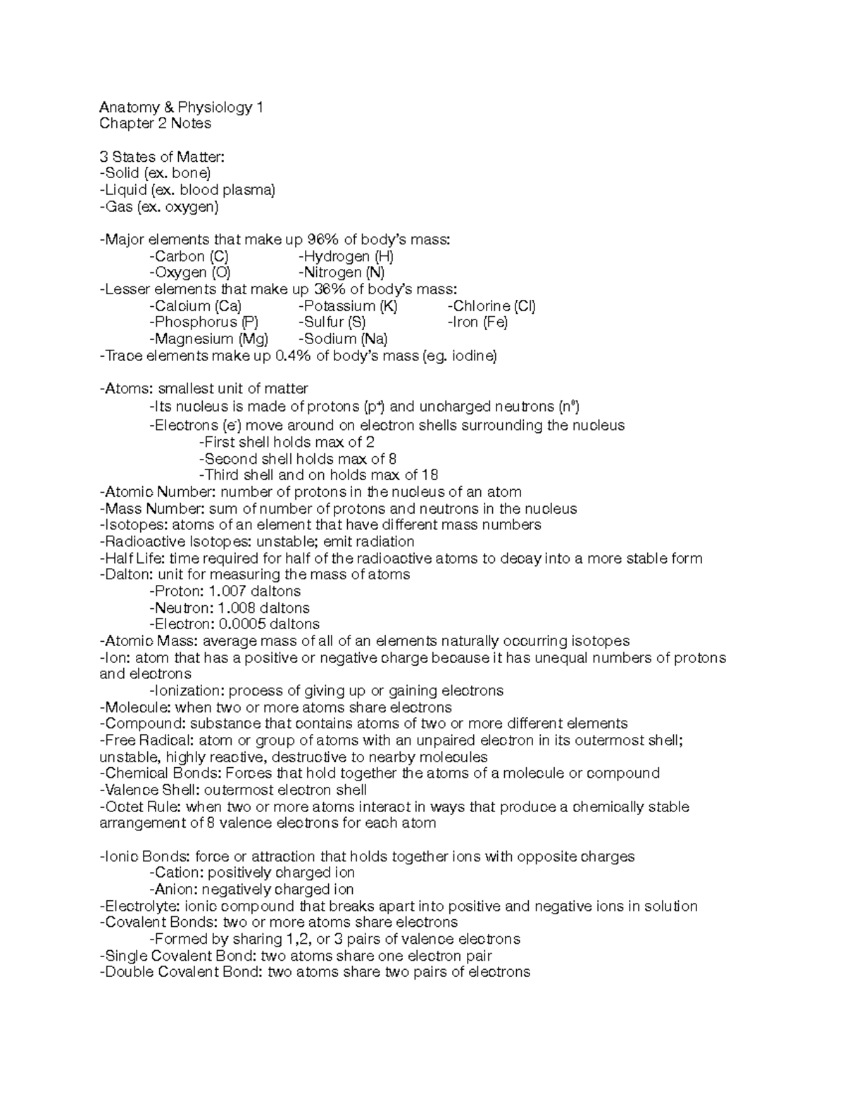 A&P 1 Chap 2 Notes PDF - Biochemistry/ molecular biology - Anatomy ...