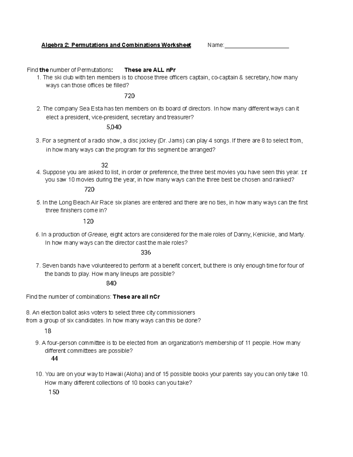 0.4 Day 3 Homework - Algebra 2: Permutations and Combinations Worksheet ...