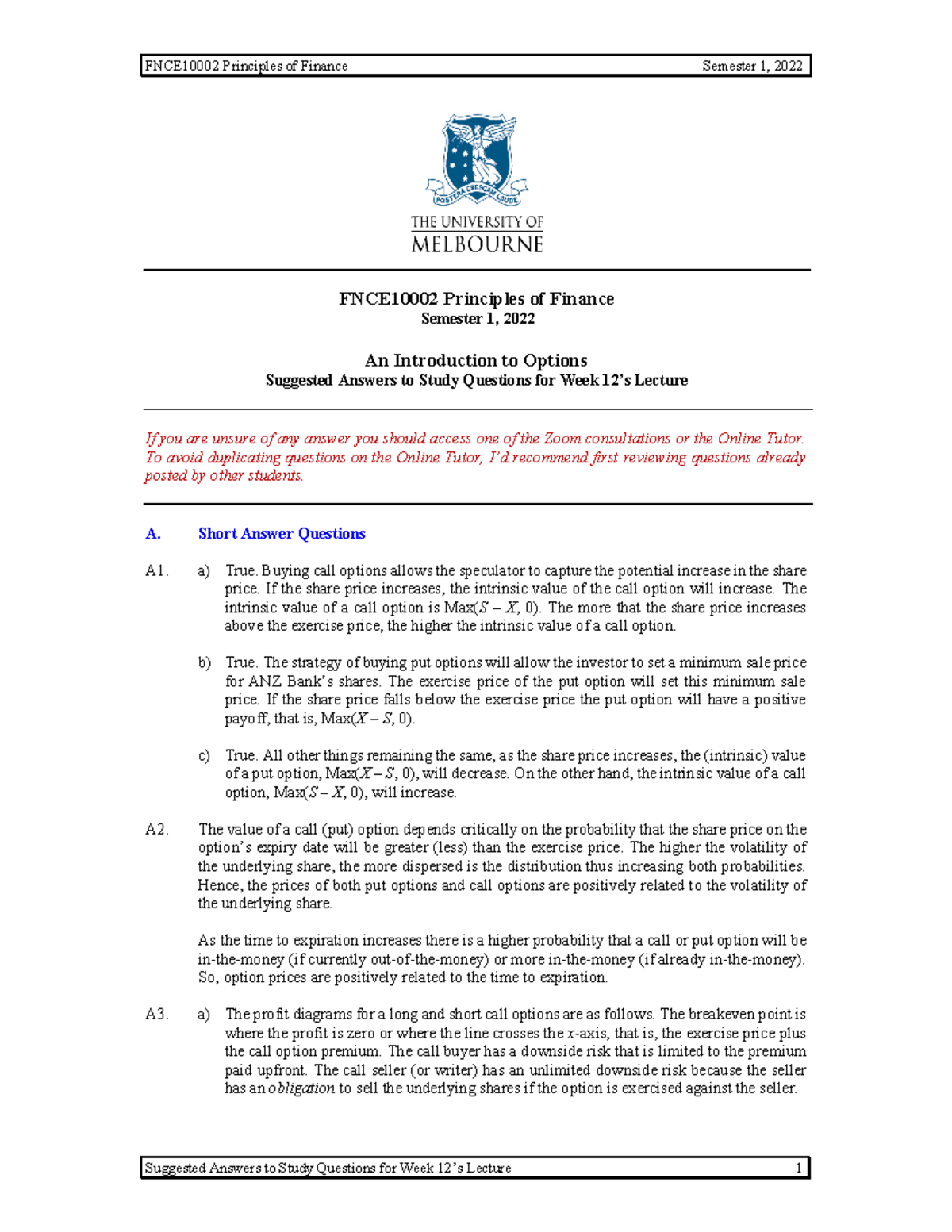 Tutorial 12 - Options - Ans - FNCE10002 Principles of Finance Semester ...