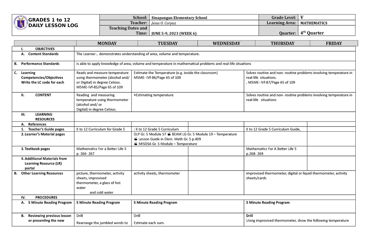 Grade 5 DLL MATH 5 Q4 Week 6 - GRADES 1 to 12 DAILY LESSON LOG School ...