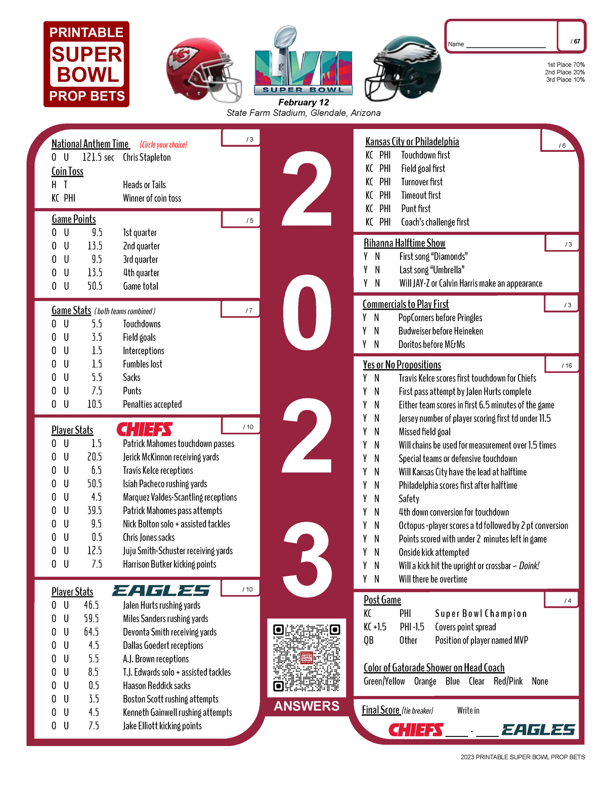 2023 Super Bowl LVII 57 Prop Bet Sheet February 12 State Farm Stadium