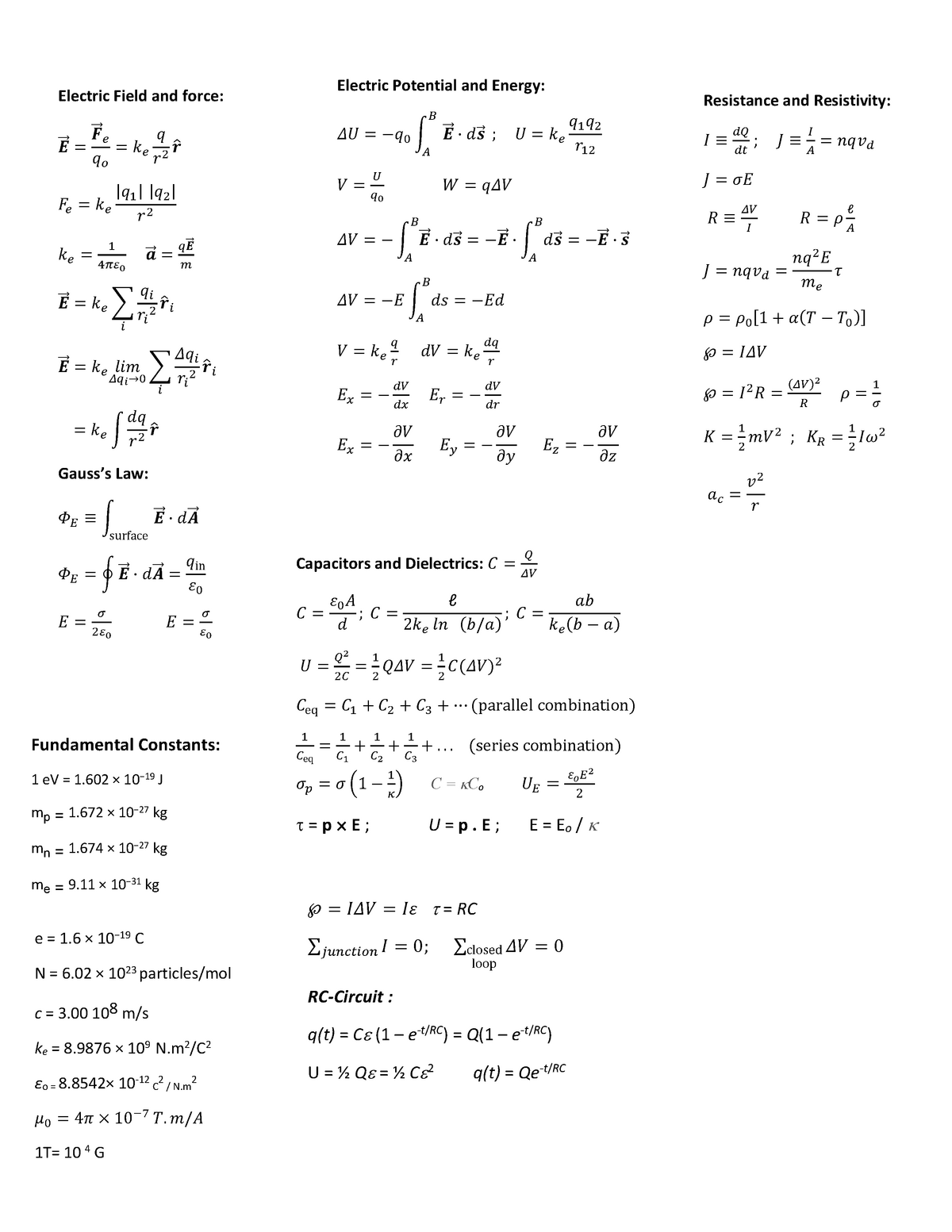 Formula Sheet Phys 205 - PHYS 205 - Concordia - Studocu