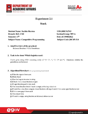 Worksheet 1 - Java 1.1 - Experiment: 1. Student Name: Sachin Sharma UID ...