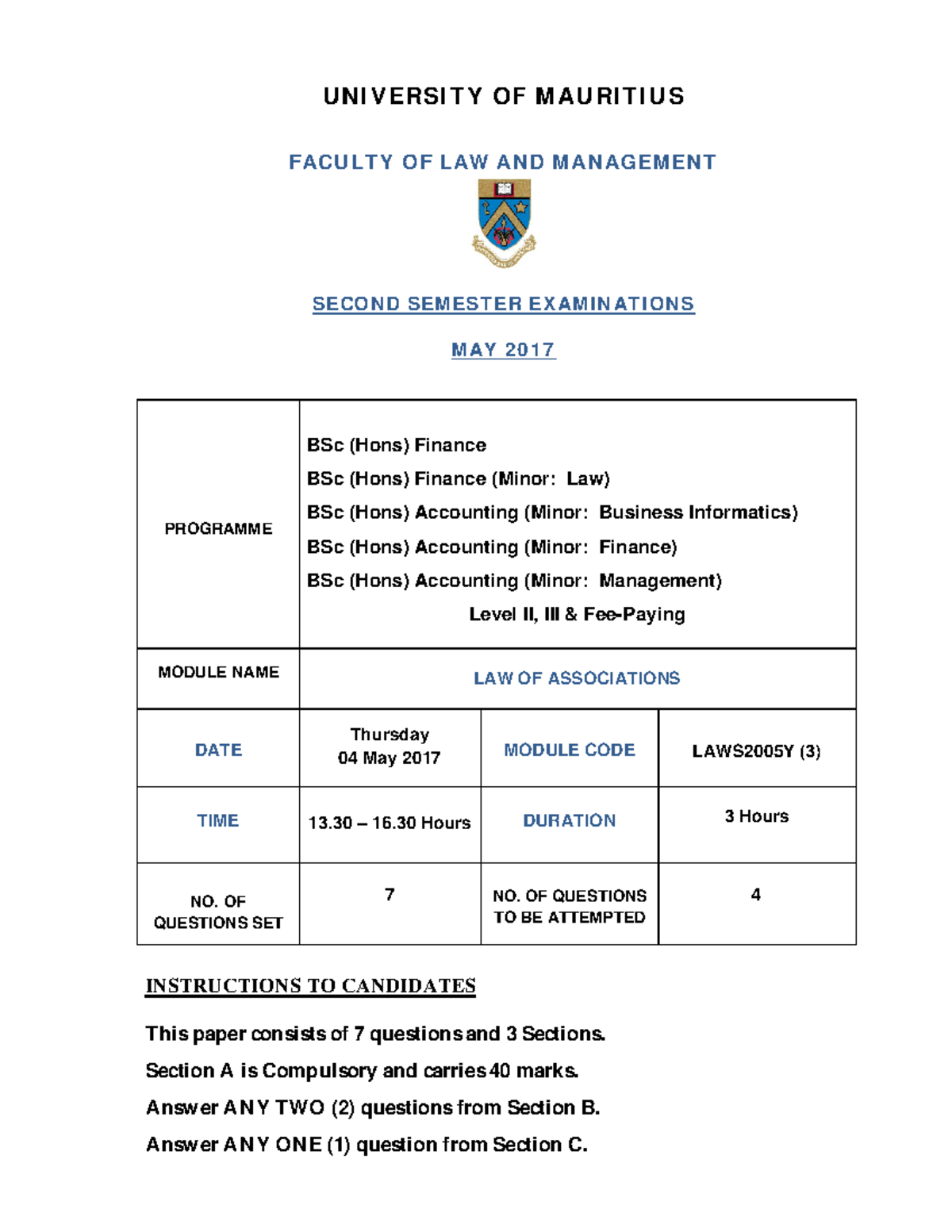 Law Of Associations Exam Papers - U N I V ERSI T Y OF M AU RI T I U S ...