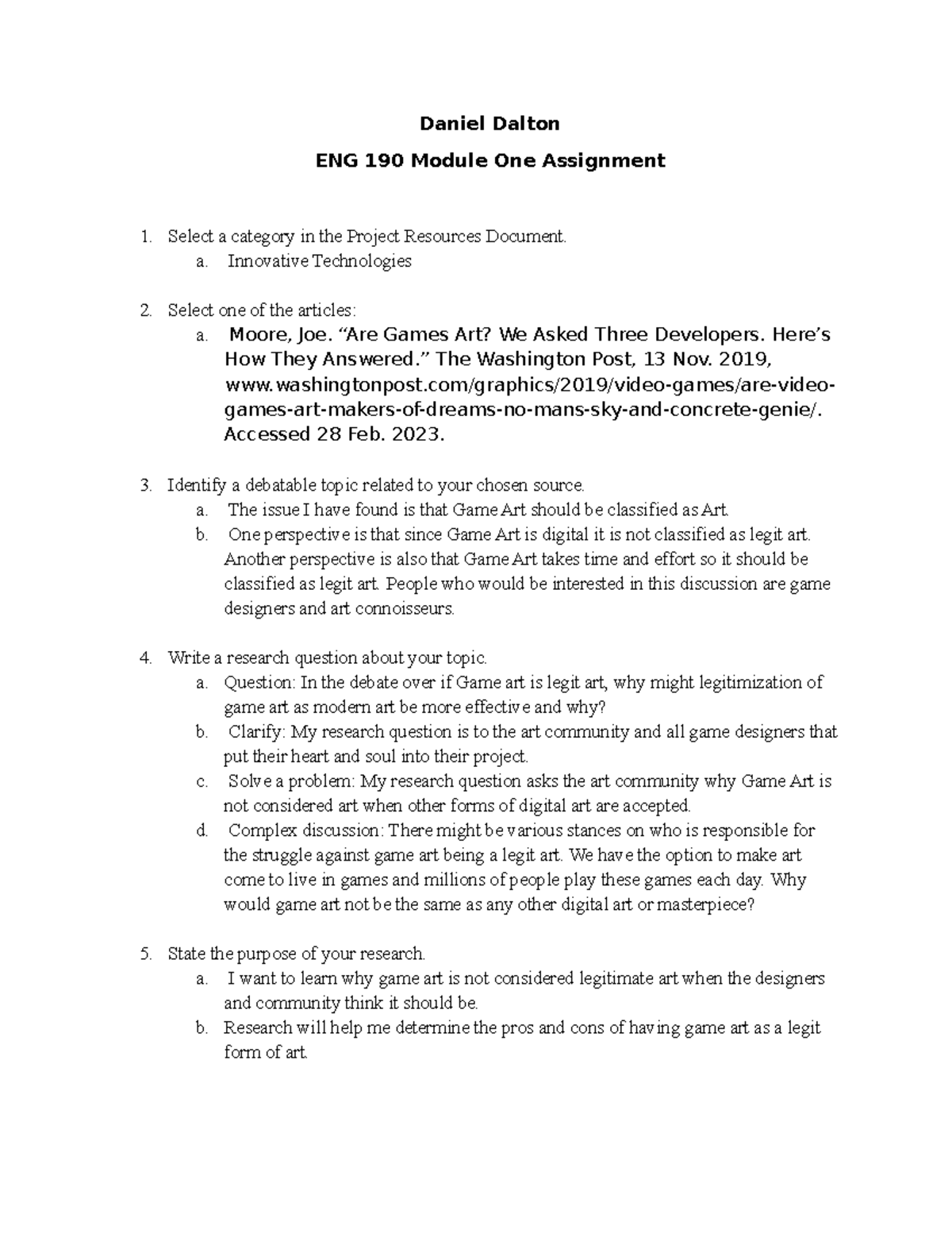 Week 1 Assignment - Daniel Dalton ENG 190 Module One Assignment Select ...