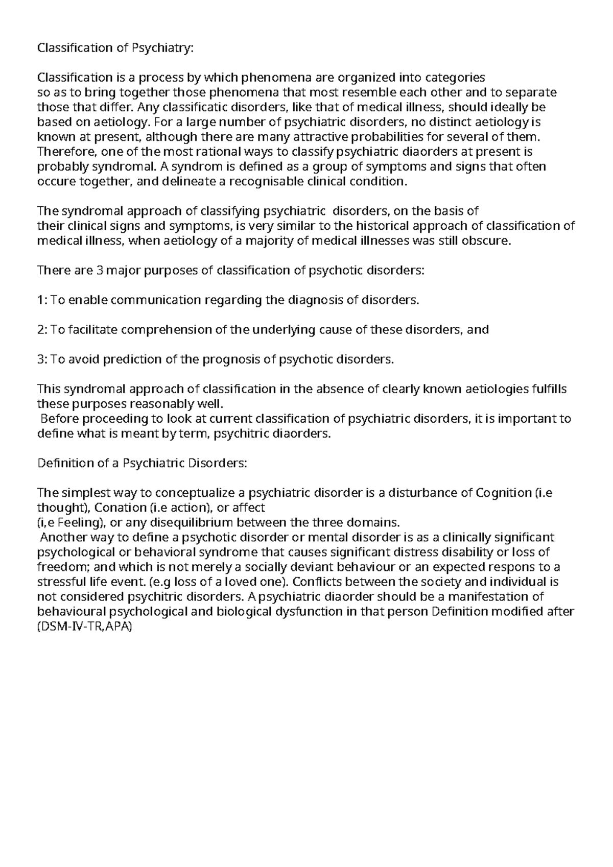 Classification and Definition of Psychiatry Classification of