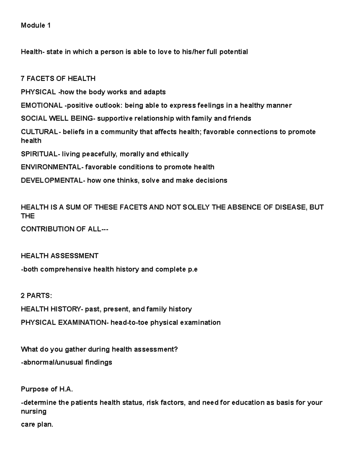 Reviewer Health assessment - Module 1 Health- state in which a person ...