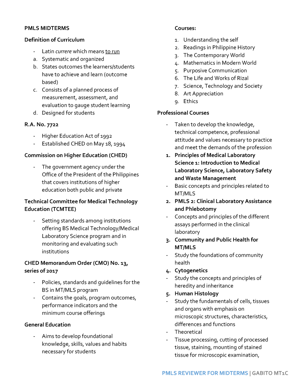 principles in medtech - PMLS MIDTERMS Definition of Curriculum Latin ...