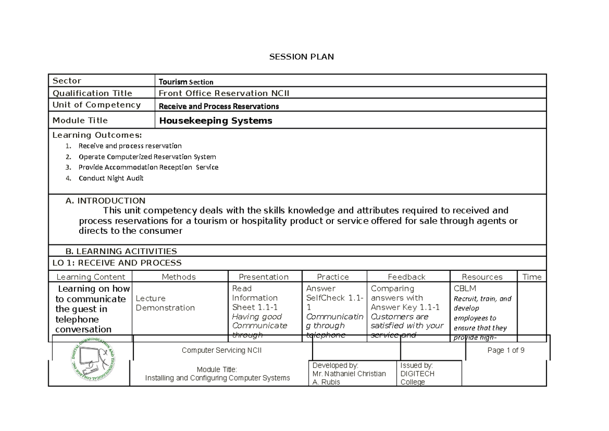 ATE JOY Session PLAN - This competency unit focuses on the skills and ...