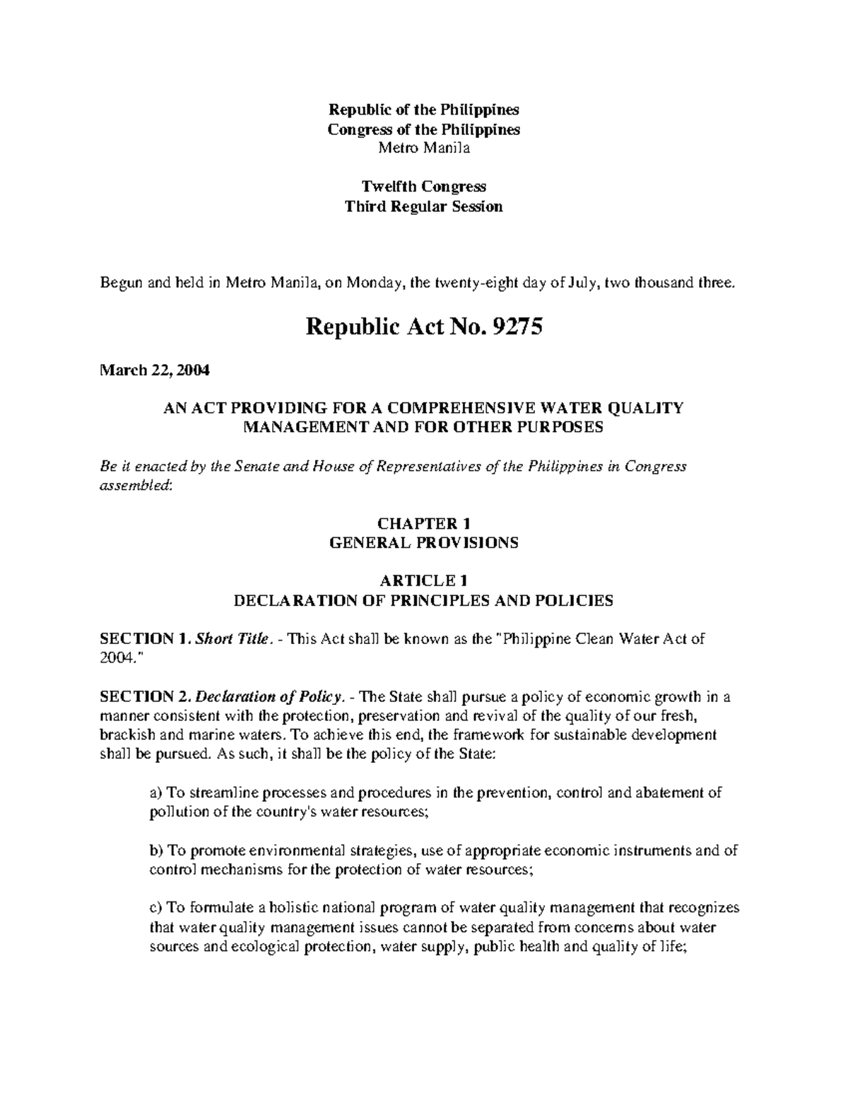 RA 9275 (Philippine Clean Water Act) - Republic of the Philippines ...