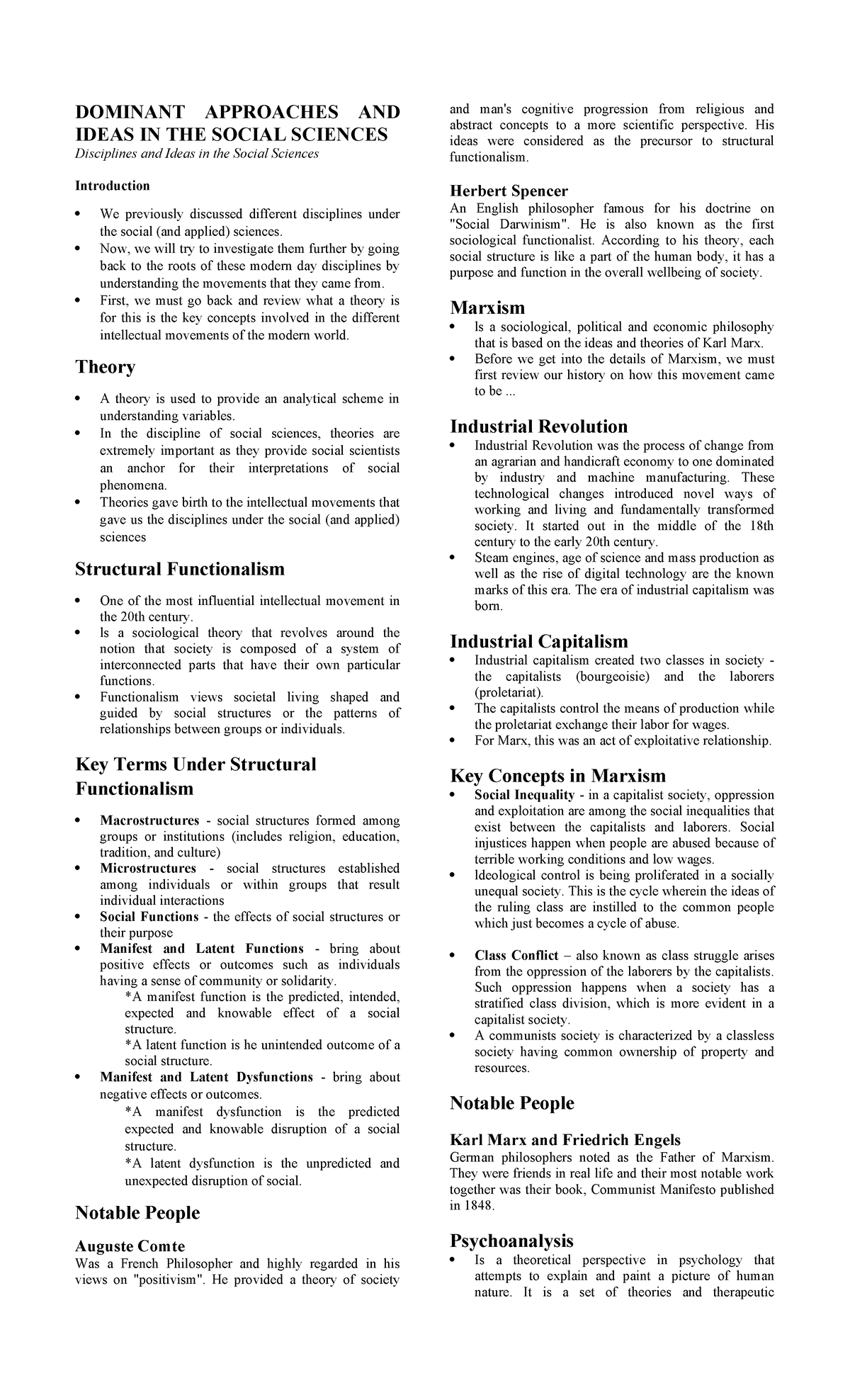 DISS-notes - Notes - DOMINANT APPROACHES AND IDEAS IN THE SOCIAL ...