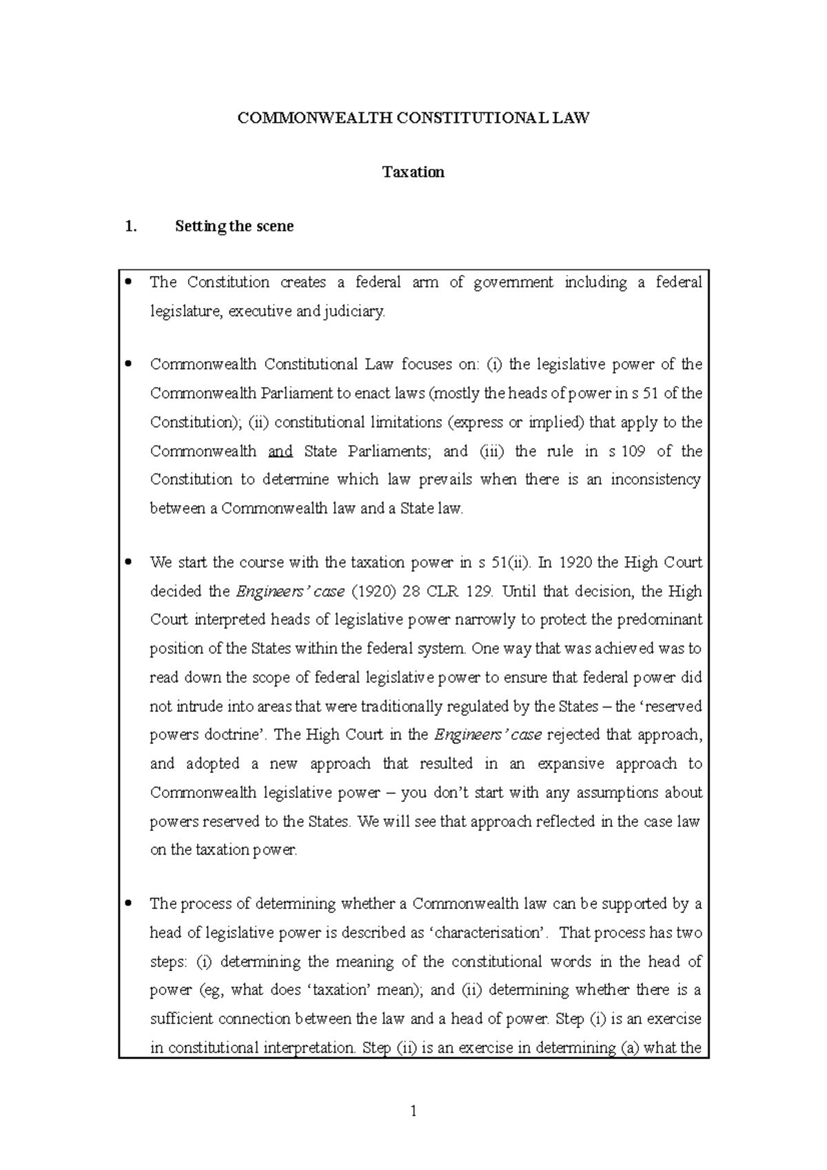 Week 2 class outline - COMMONWEALTH CONSTITUTIONAL LAW Taxation 1 ...