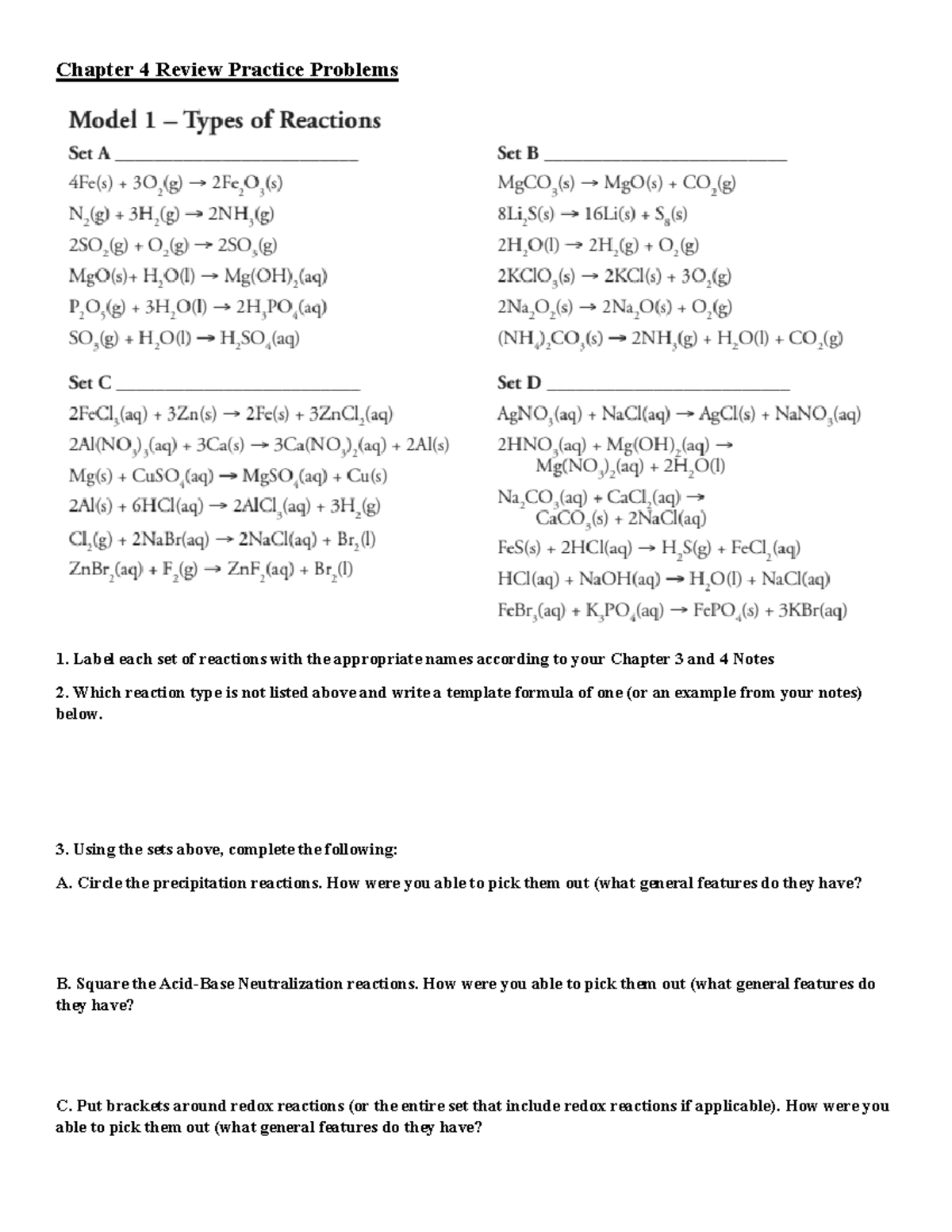 Ch. 4 Practice Problems Reactions - Chapter 4 Review Practice Problems 