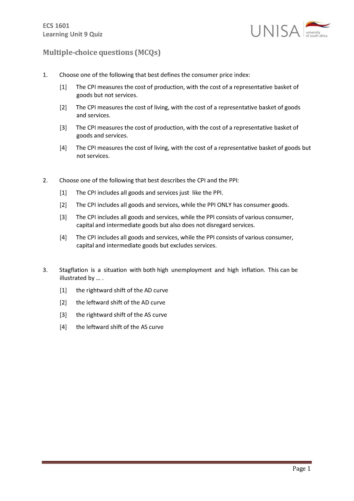 ECS1601+Unit+9+quiz - ECS 1601 Learning Unit 9 Quiz Multiple-choice ...