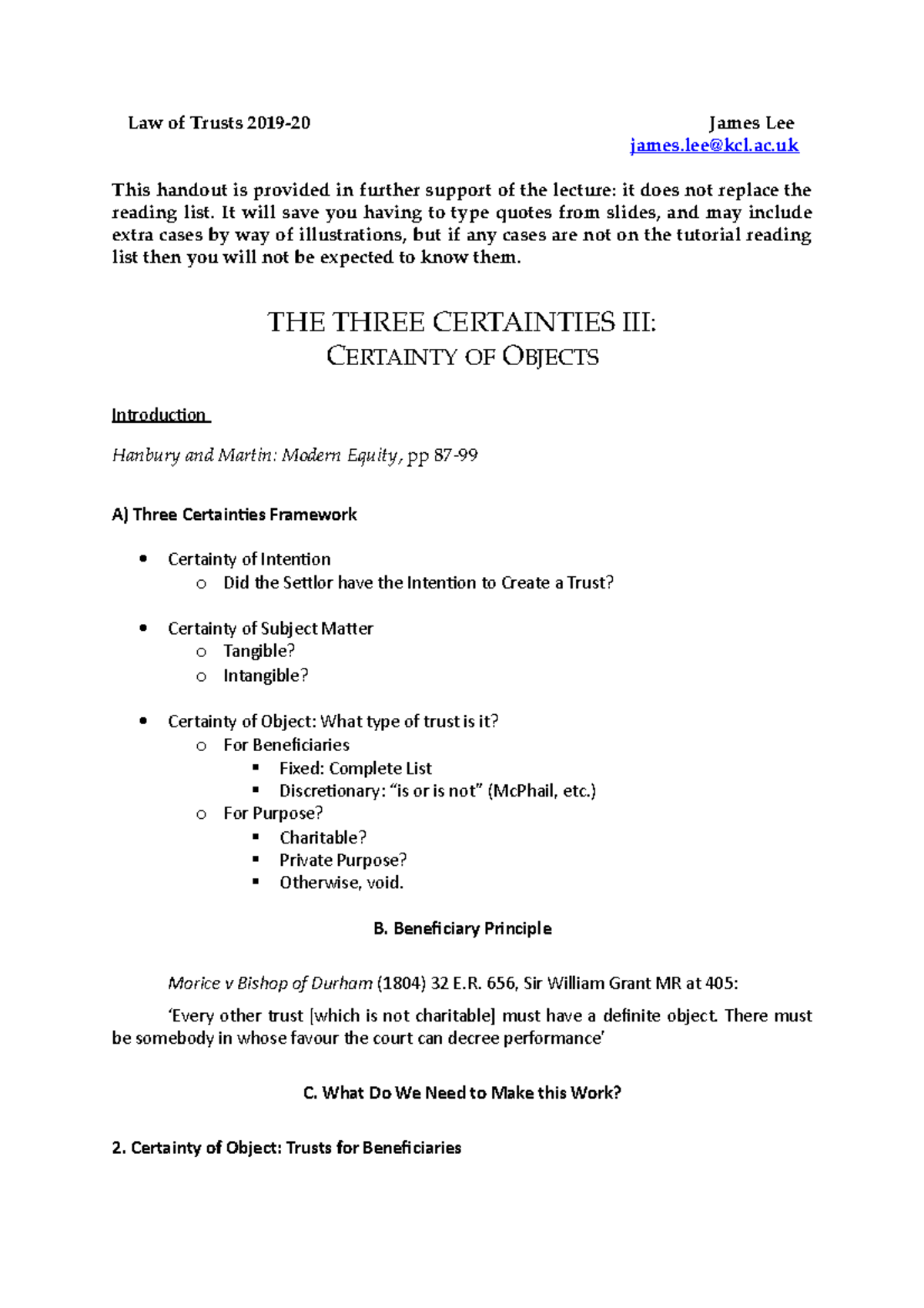 Trust Law Lecture 11 (Certainty of Objects) - Law of Trusts 2019- James ...
