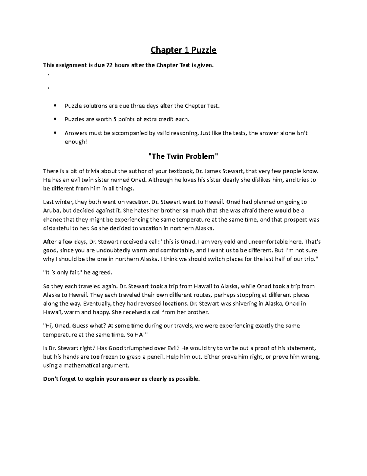 Chapter 1 Puzzle Chapter 1 Puzzle This assignment is due 72 hours