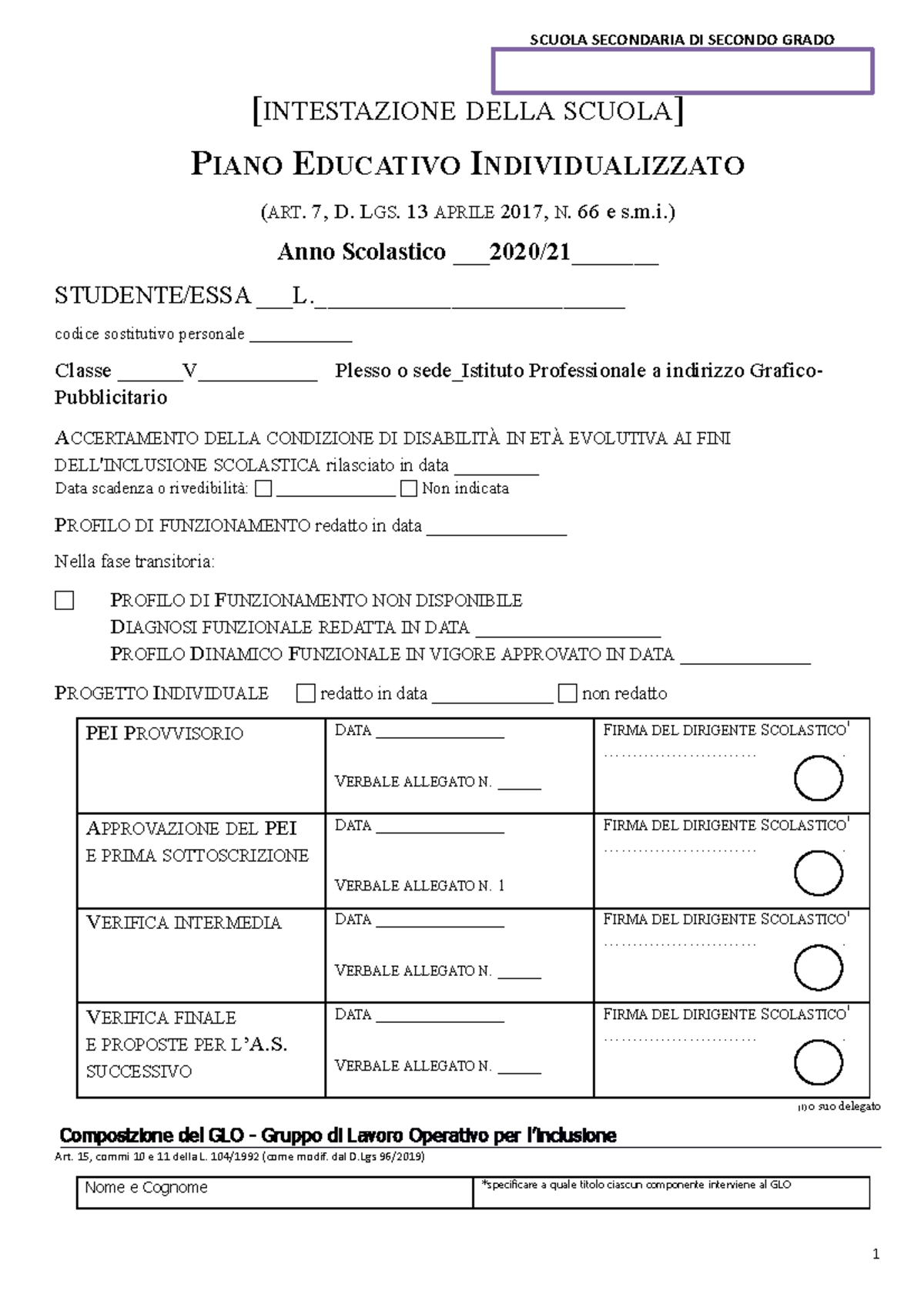 Allegato A Pei Sec Grado Intestazione Della Scuola Piano