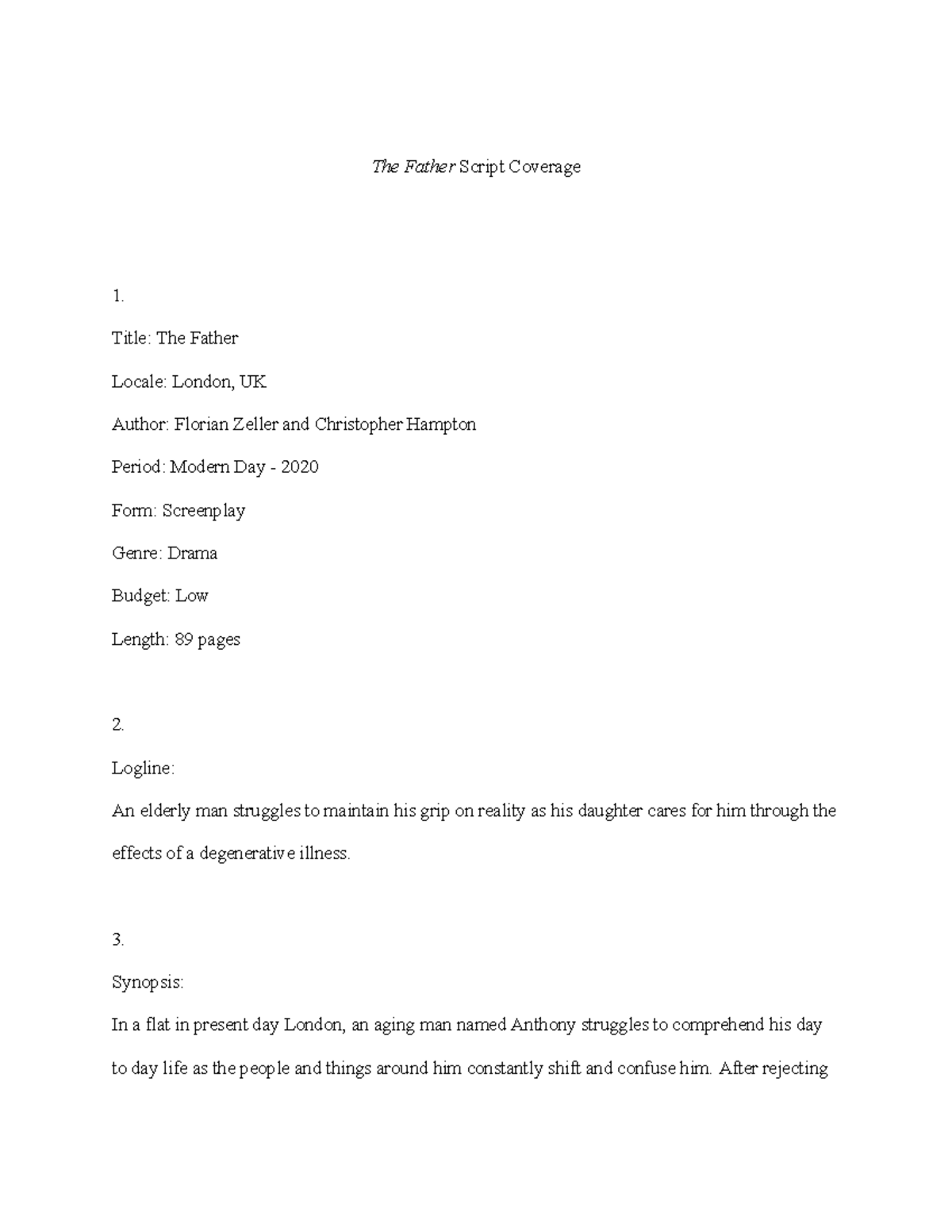 Script Analysis The Father Coverage - The Father Script Coverage 1 ...