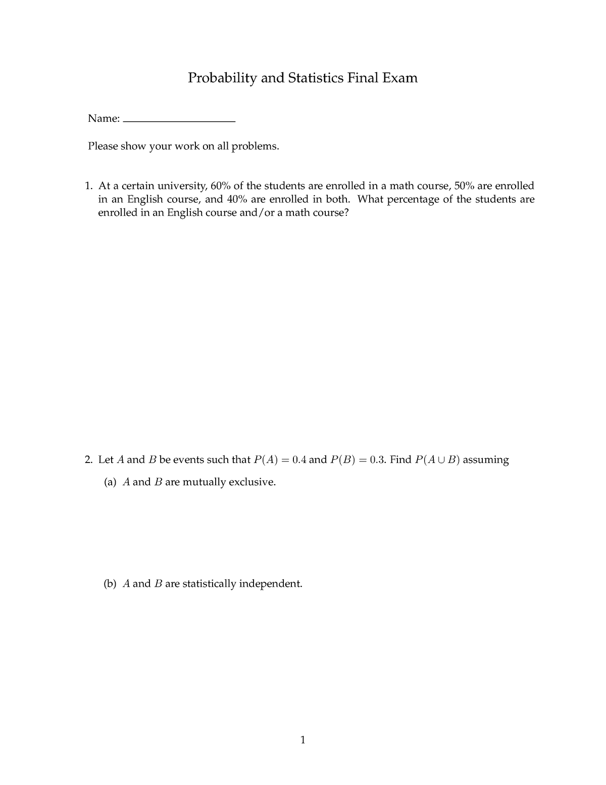 Probability And Statistics Final Exam Answers