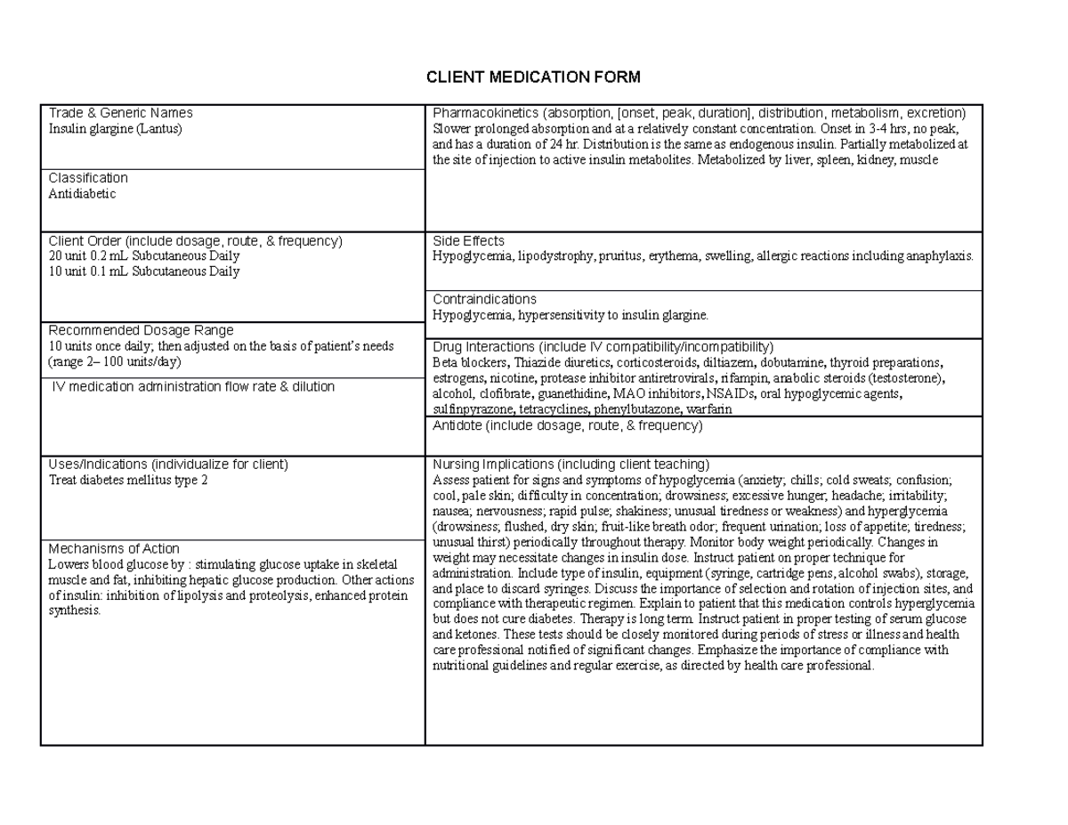 Insulin Glargine Lantus CLIENT MEDICATION FORM Trade Generic 