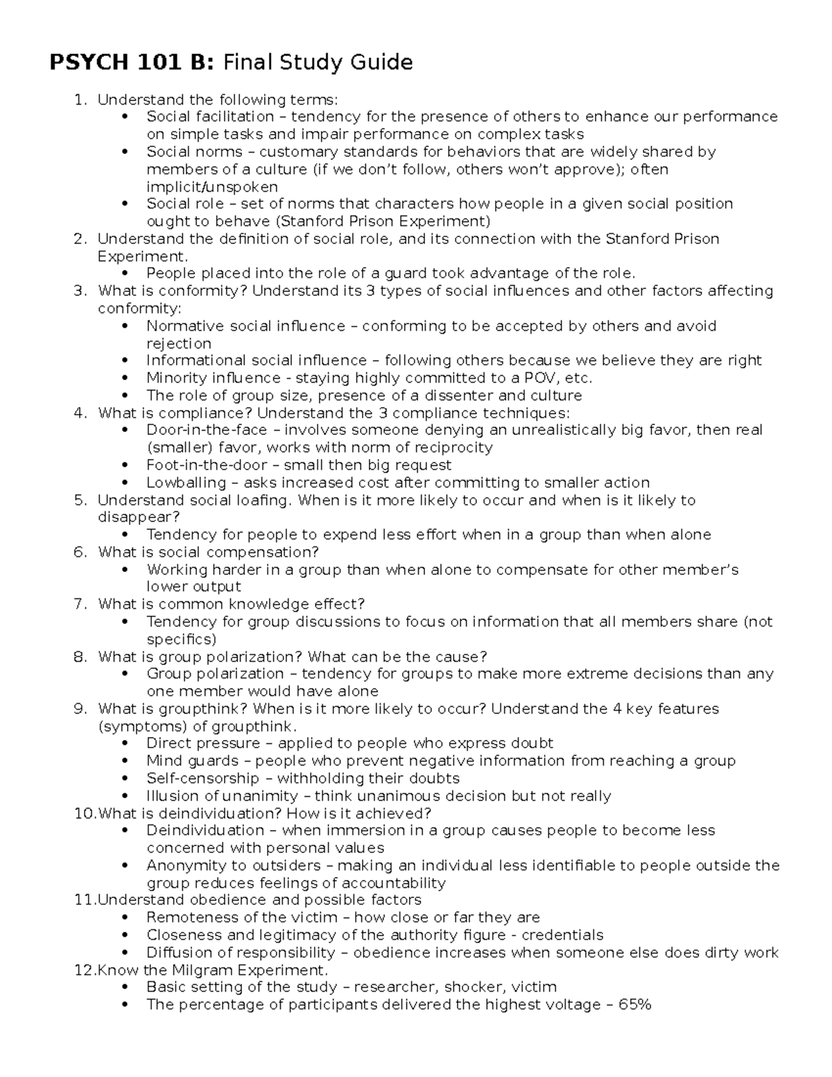 Final Study Guide - Jacquie Spector - PSYCH 101 B: Final Study Guide 1 ...