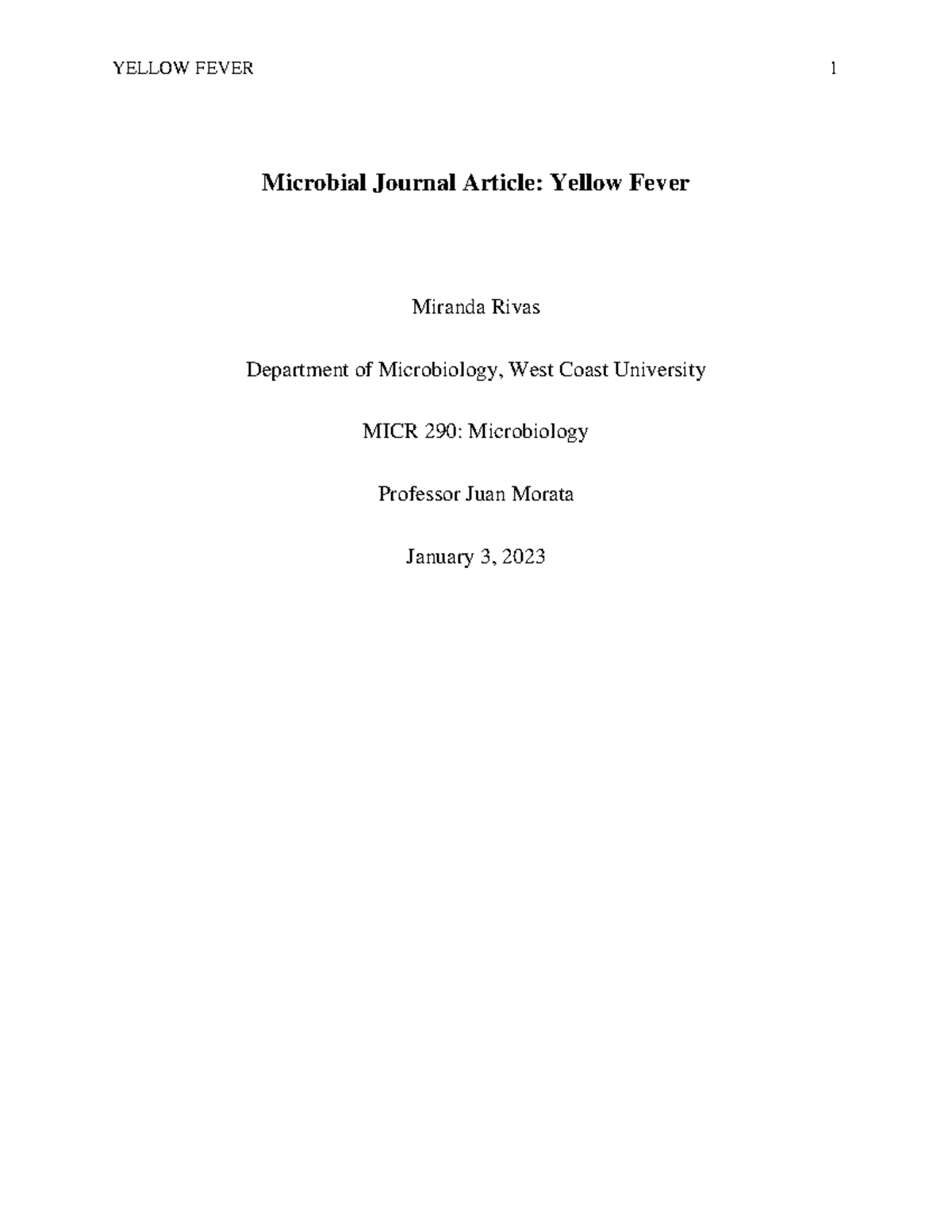 Yellow Fever - Microbial Journal Article: Yellow Fever Miranda Rivas ...
