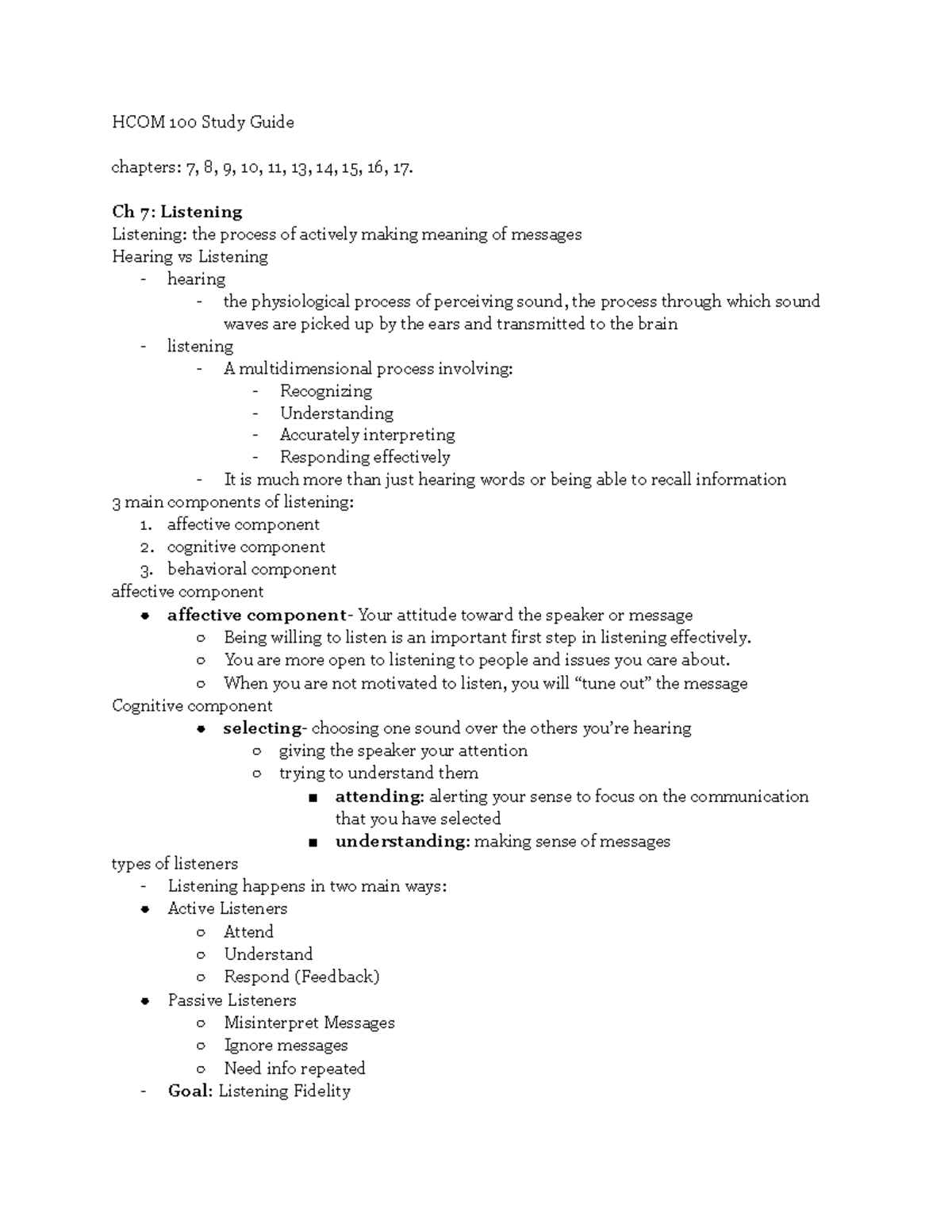 Hcom final - HCOM 100 Study Guide chapters: 7, 8, 9, 10, 11, 13, 14, 15 ...