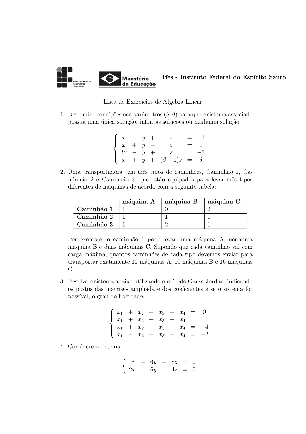 Lista 2 - Sistemas Lineares - Ifes - Instituto Federal Do Esp ́ırito ...