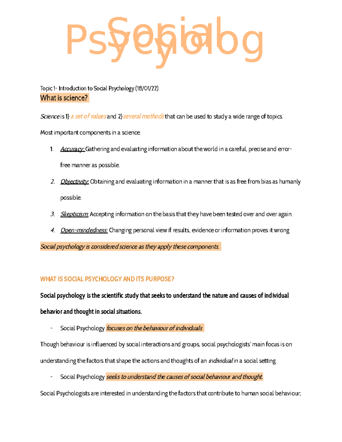 Psyc 1004 notes - Topic 1- Introduction to Social Psychology (18/01/22 ...