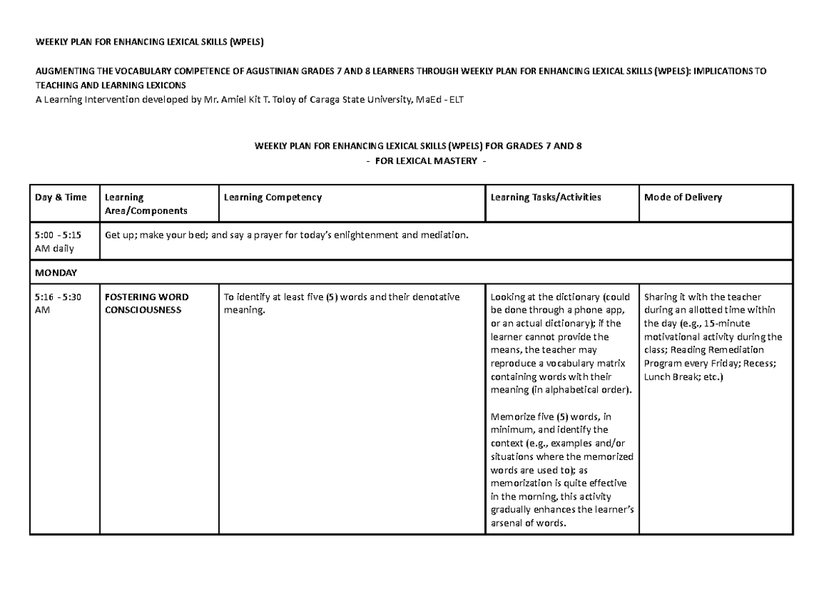 WHLP - Thesis - WEEKLY PLAN FOR ENHANCING LEXICAL SKILLS (WPELS ...