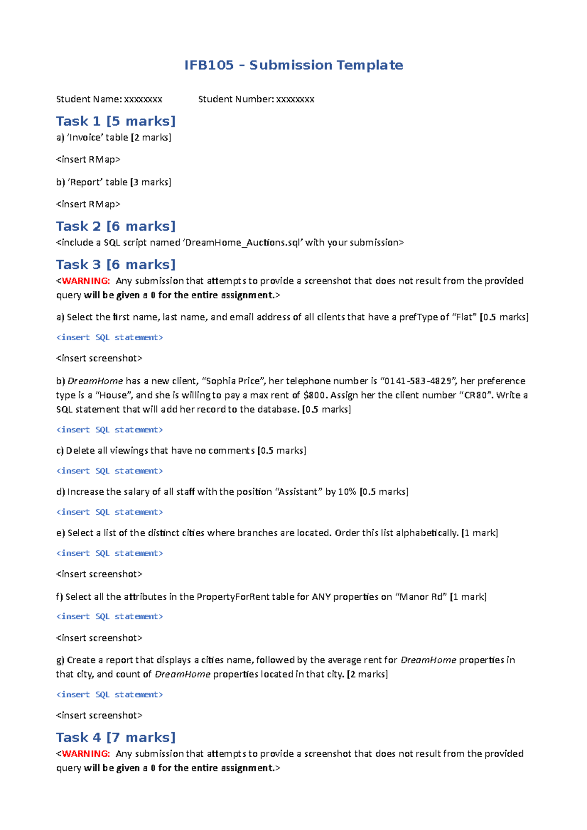 Template - IFB105 – Submission Template Student Name: xxxxxxxx Student ...