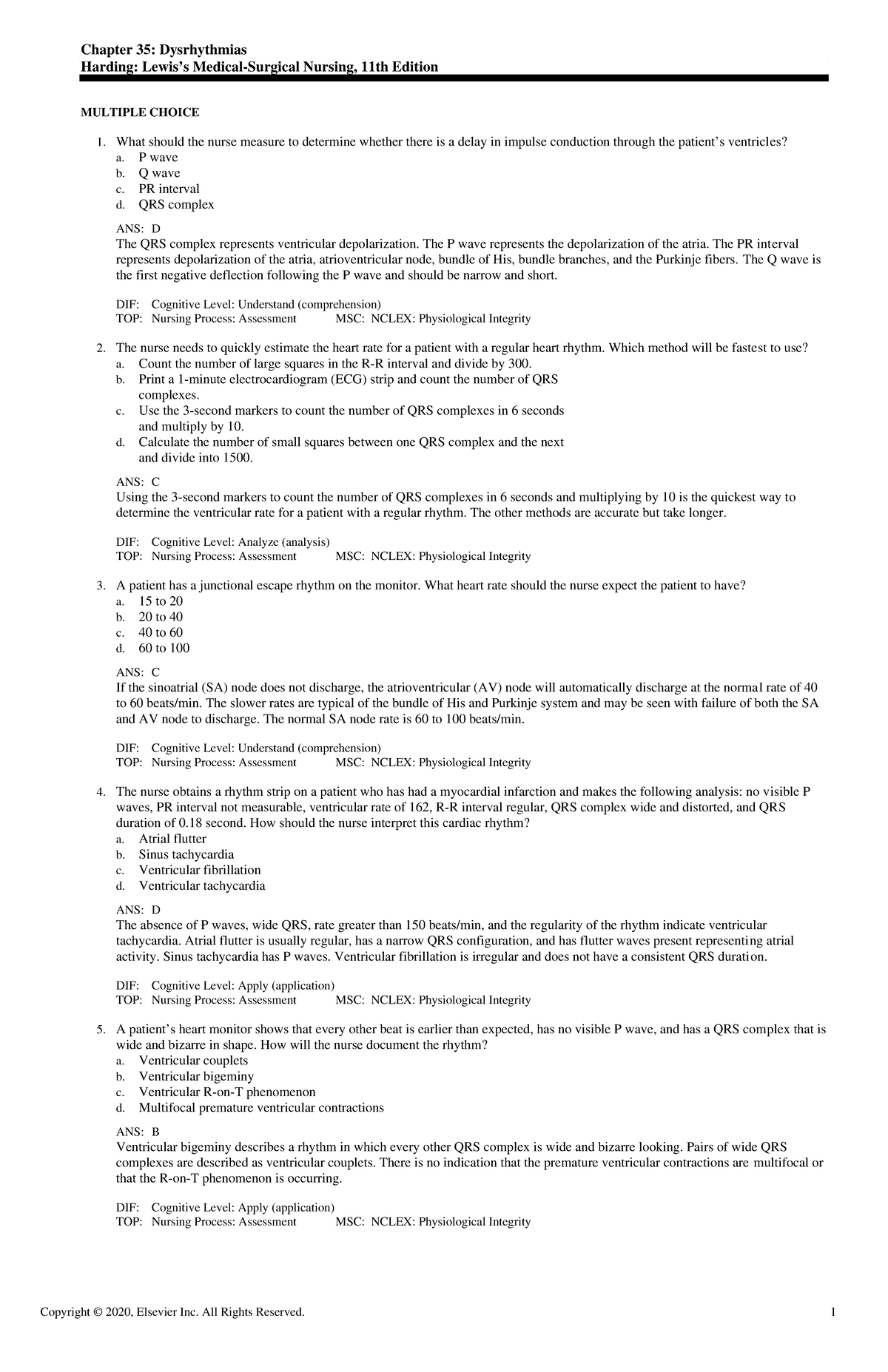 Exam View - CH0035 Harding 11e TB - Chapter 35: Dysrhythmias Harding ...