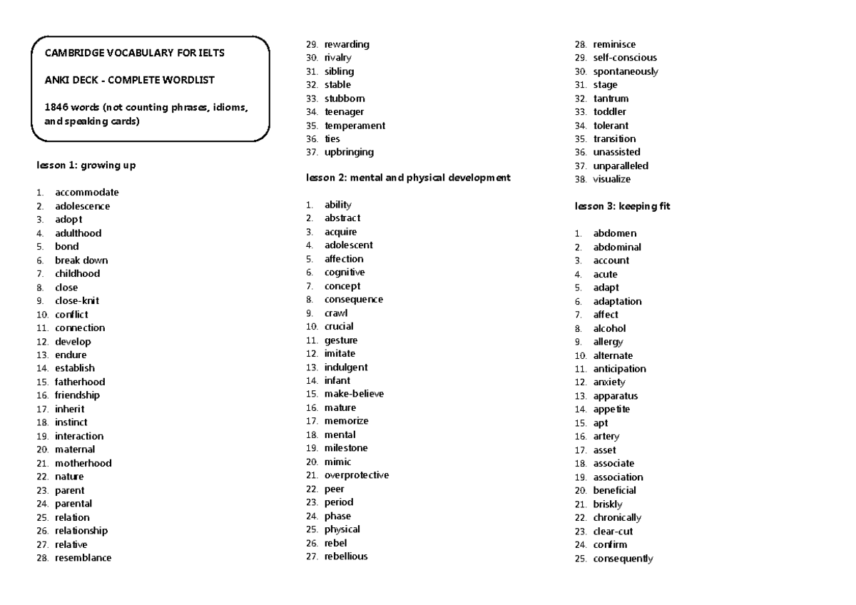 Word List - word list toeic and ietls - lesson 1: growing up ...