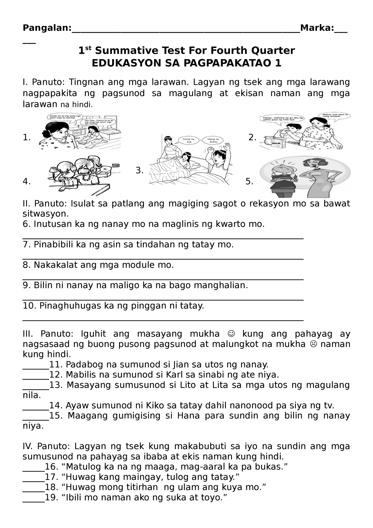 Edukasyon Sa Pagpapakatao Esp Summative Test Quarter 1468