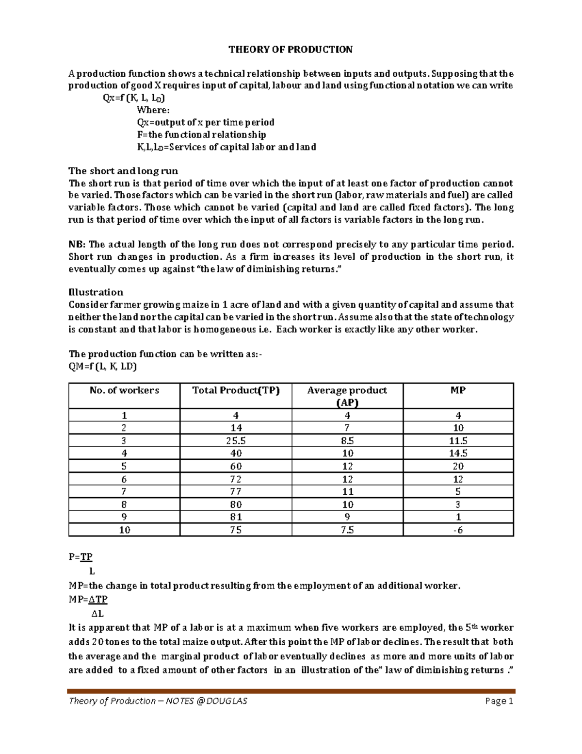 Theory OF Production - Lecture Notes - THEORY OF PRODUCTION A ...