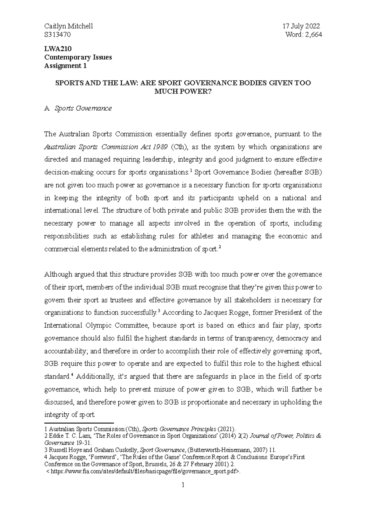 Sports Law Assignment S313470 Word 2, LWA Contemporary Issues