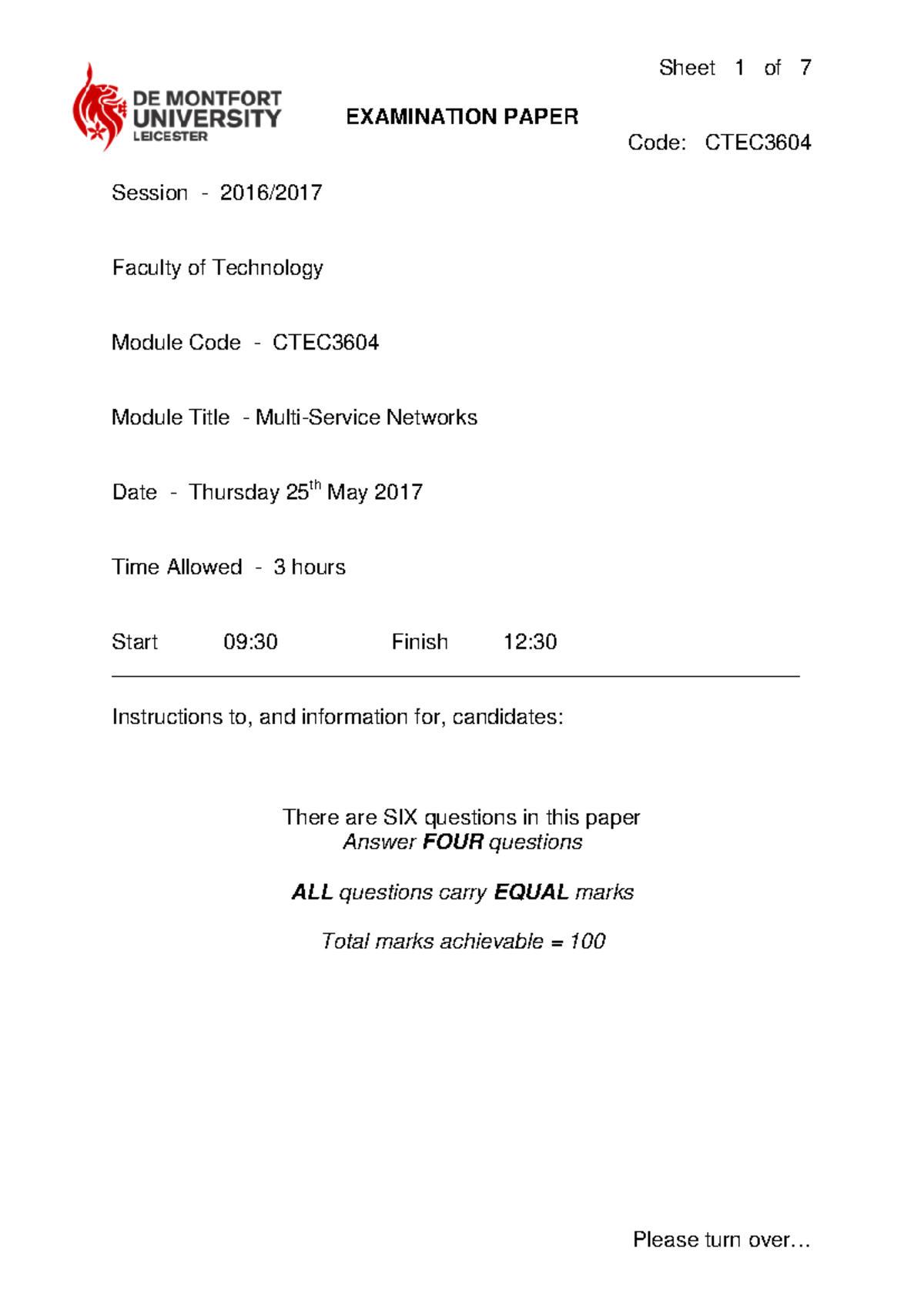 CTEC3604 2017 Exam - Sheet 1 of 7 EXAMINATION PAPER Code: CTEC Session ...