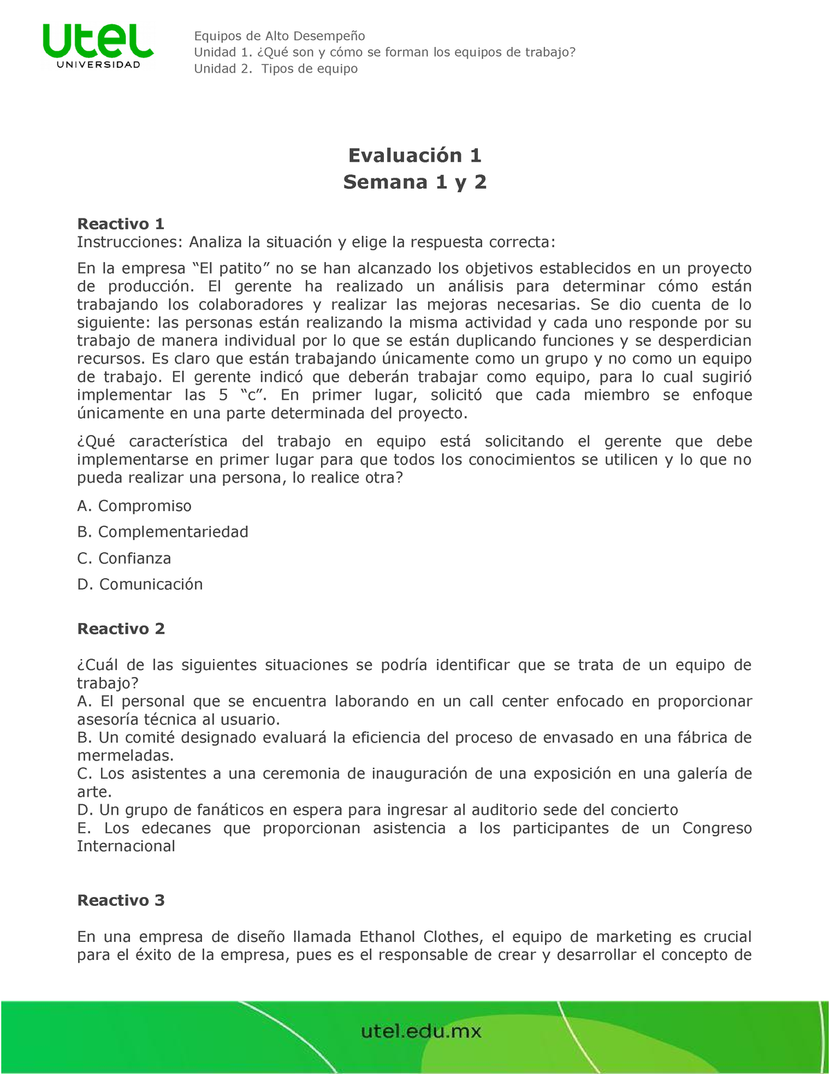 Cuestionario De Recuperación E1 - Evaluación 1 Semana 1 Y 2 Reactivo 1 ...