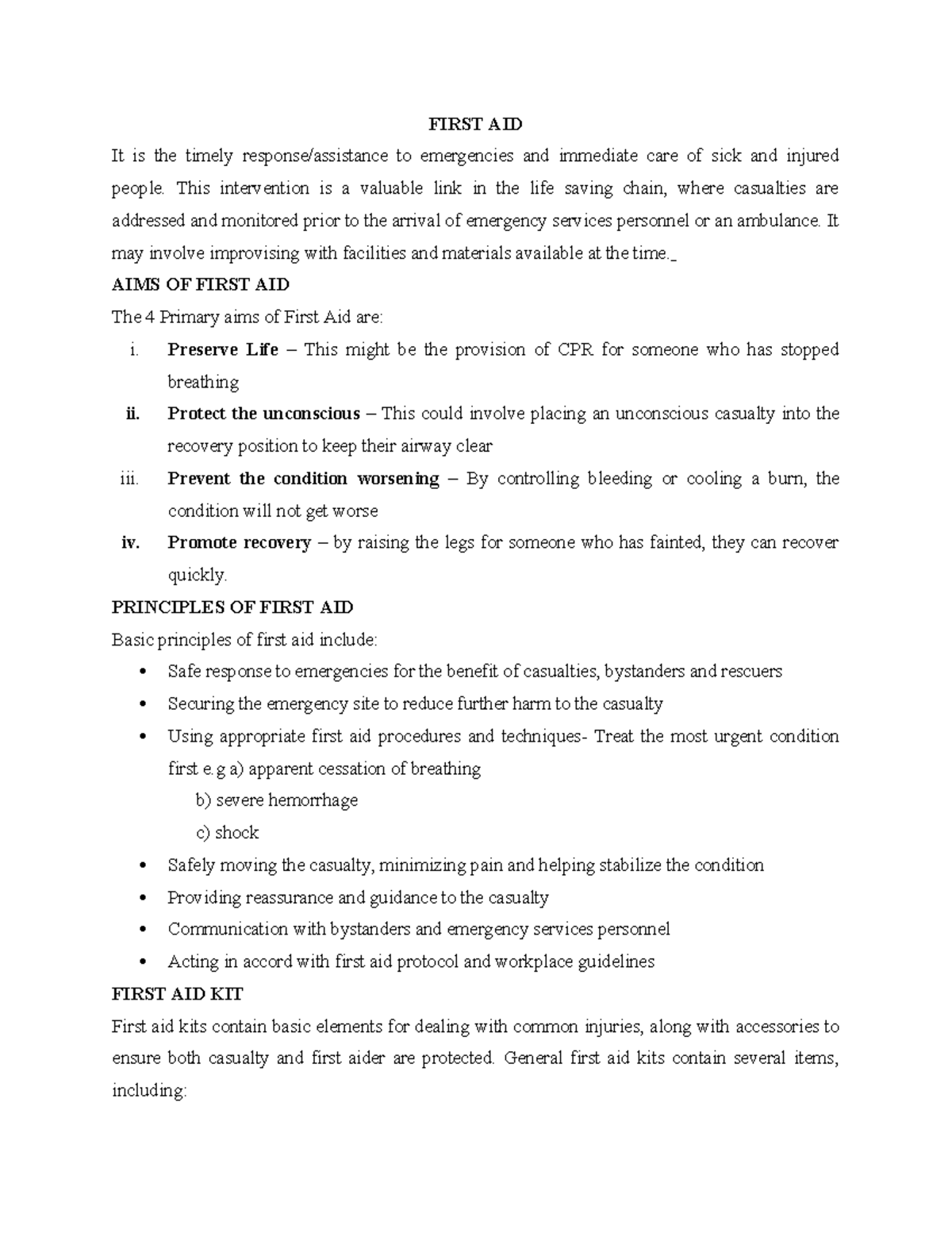 First AID. Nones Lecture 1 2024-2025 docx - FIRST AID It is the timely ...