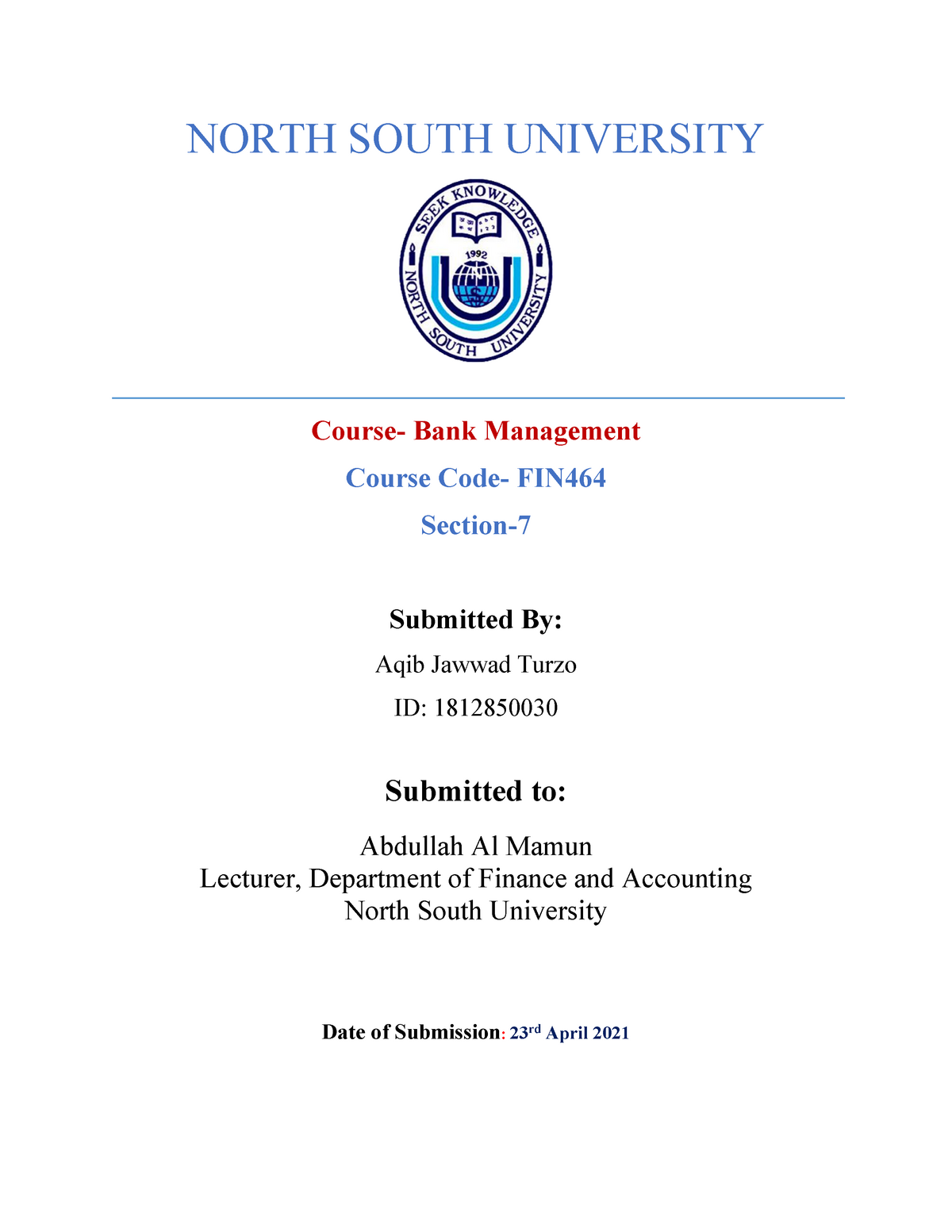FIN464 Midterm exam - NORTH SOUTH UNIVERSITY Course- Bank Management ...