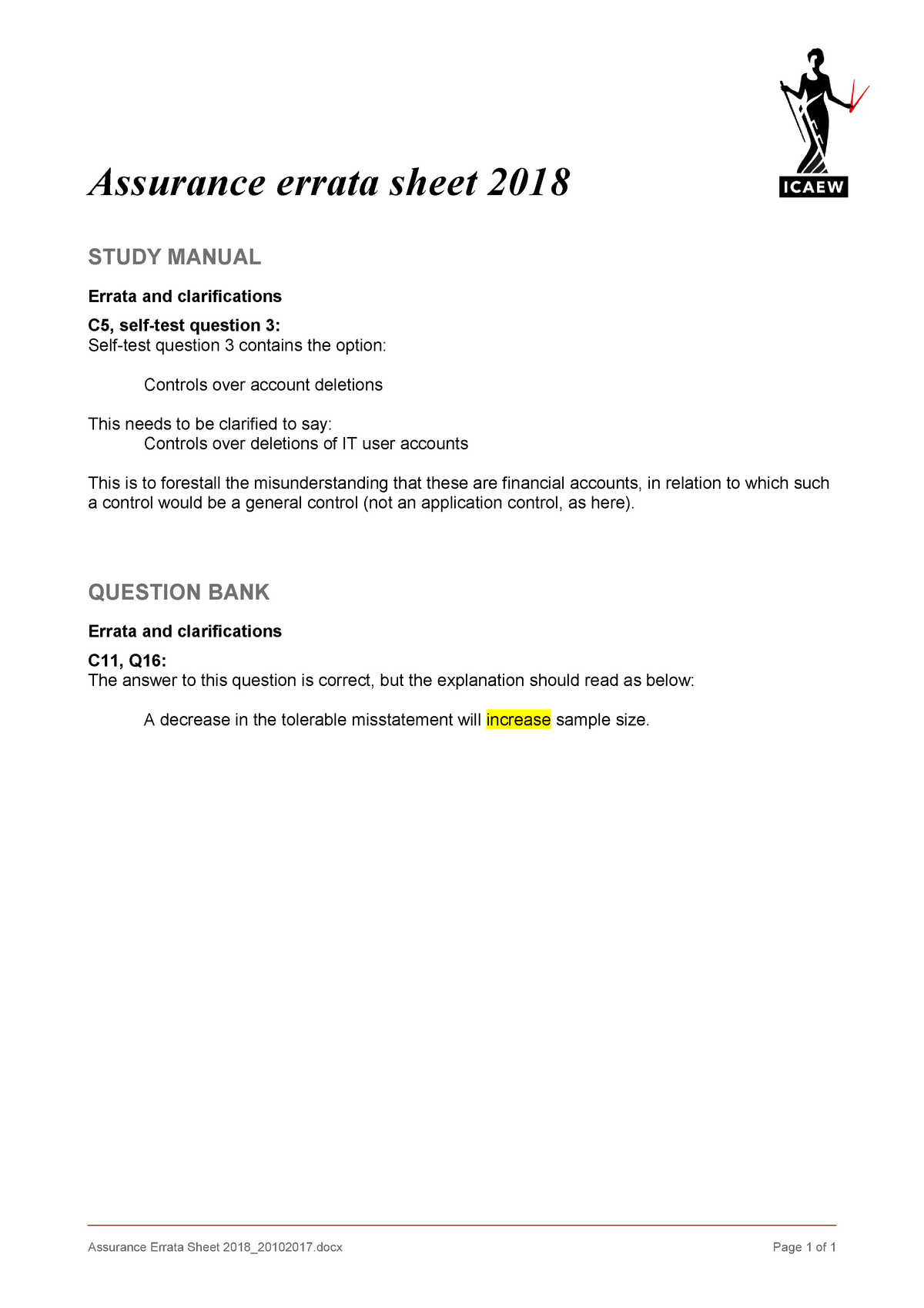 Assurance Errata Sheet 2018 2010 2017 Assurance Errata Sheet 2018