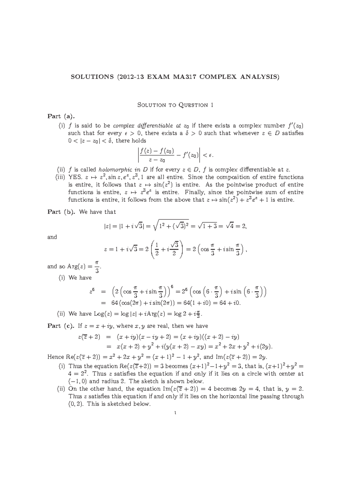 Exam 2013, Answers - SOLUTIONS (2012-13 EXAM MA317 COMPLEX ANALYSIS ...