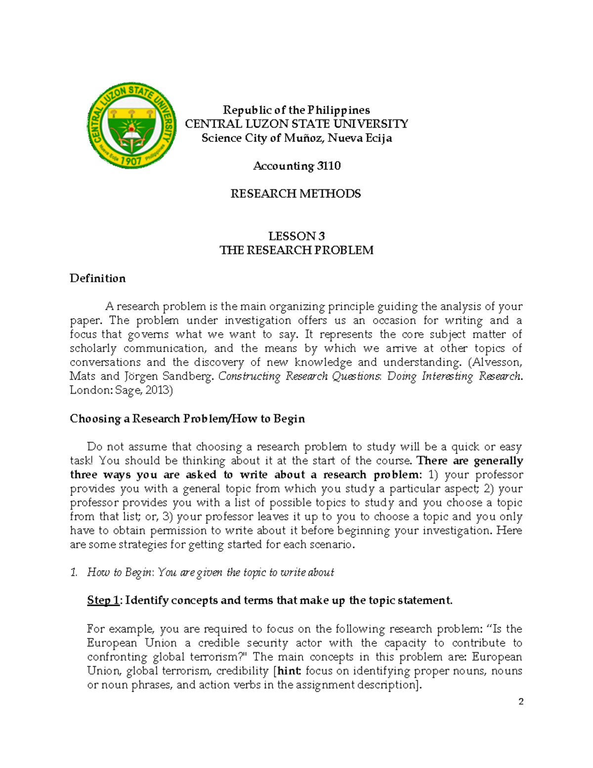 Choosing A Research Problem - Republic of the Philippines CENTRAL LUZON ...