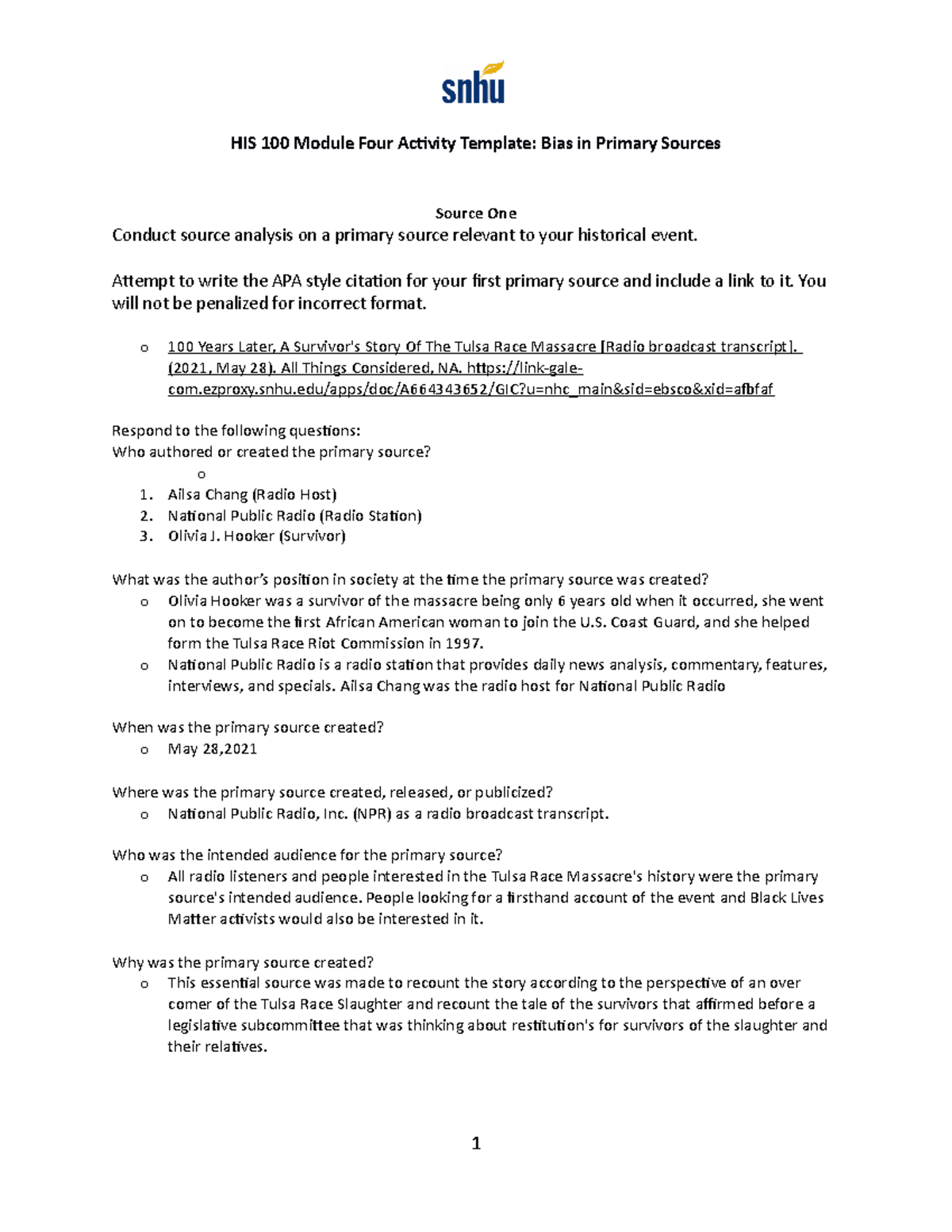 HIS 100 Module Four Activity Bias Template - Attempt to write the APA ...