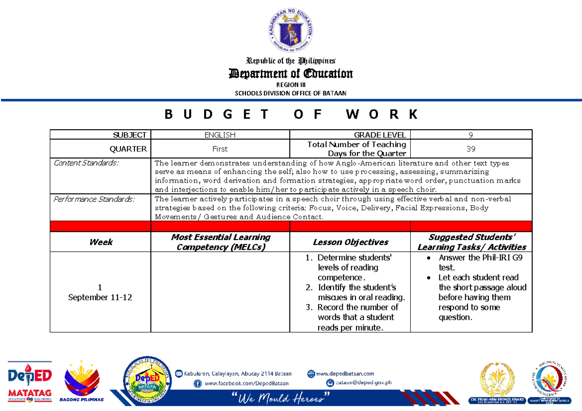 English-9 Q1 Budget-of-work - Department of Education REGION III ...