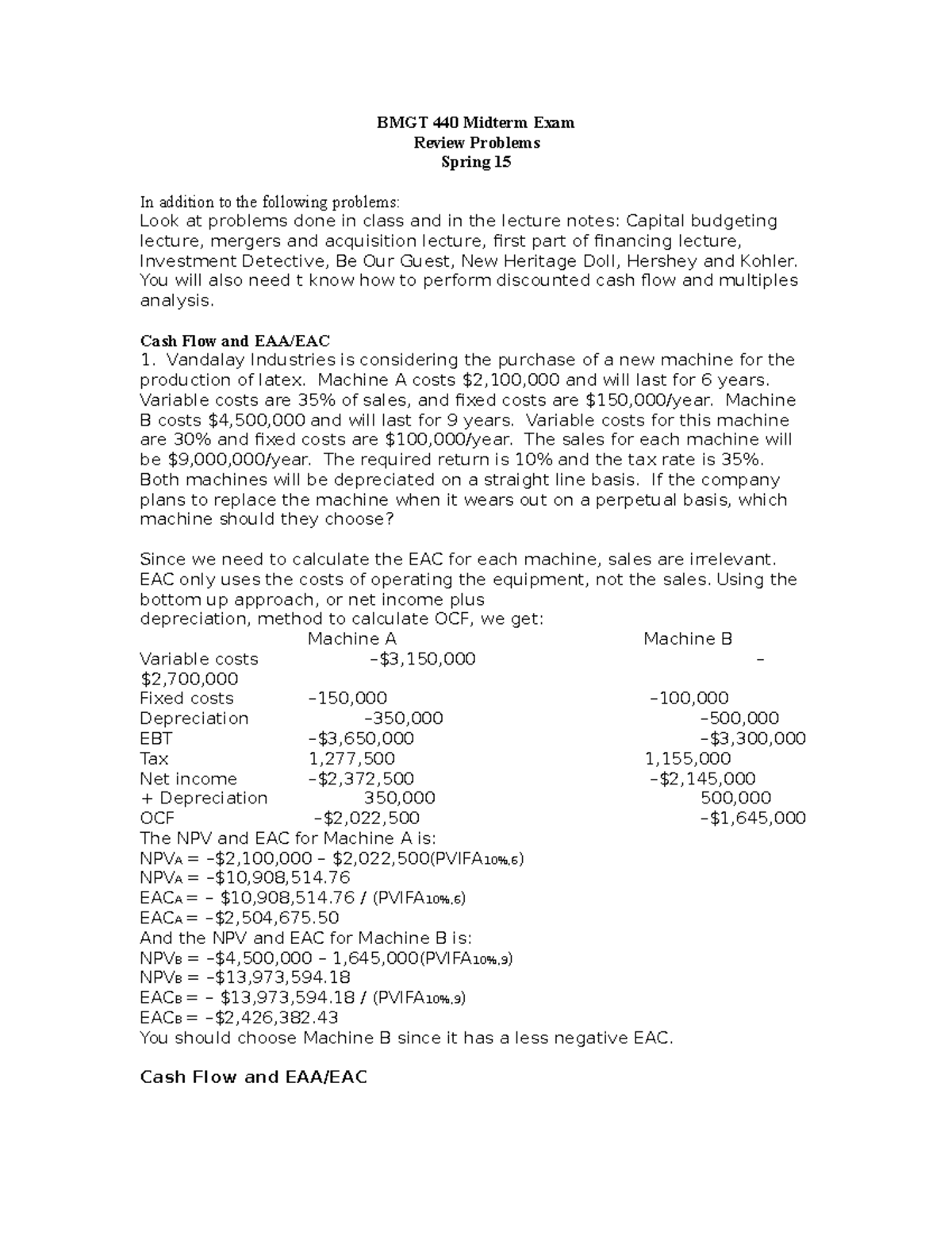 Midterm Exam Review Problems SP15 - BMGT 440 Midterm Exam Review ...